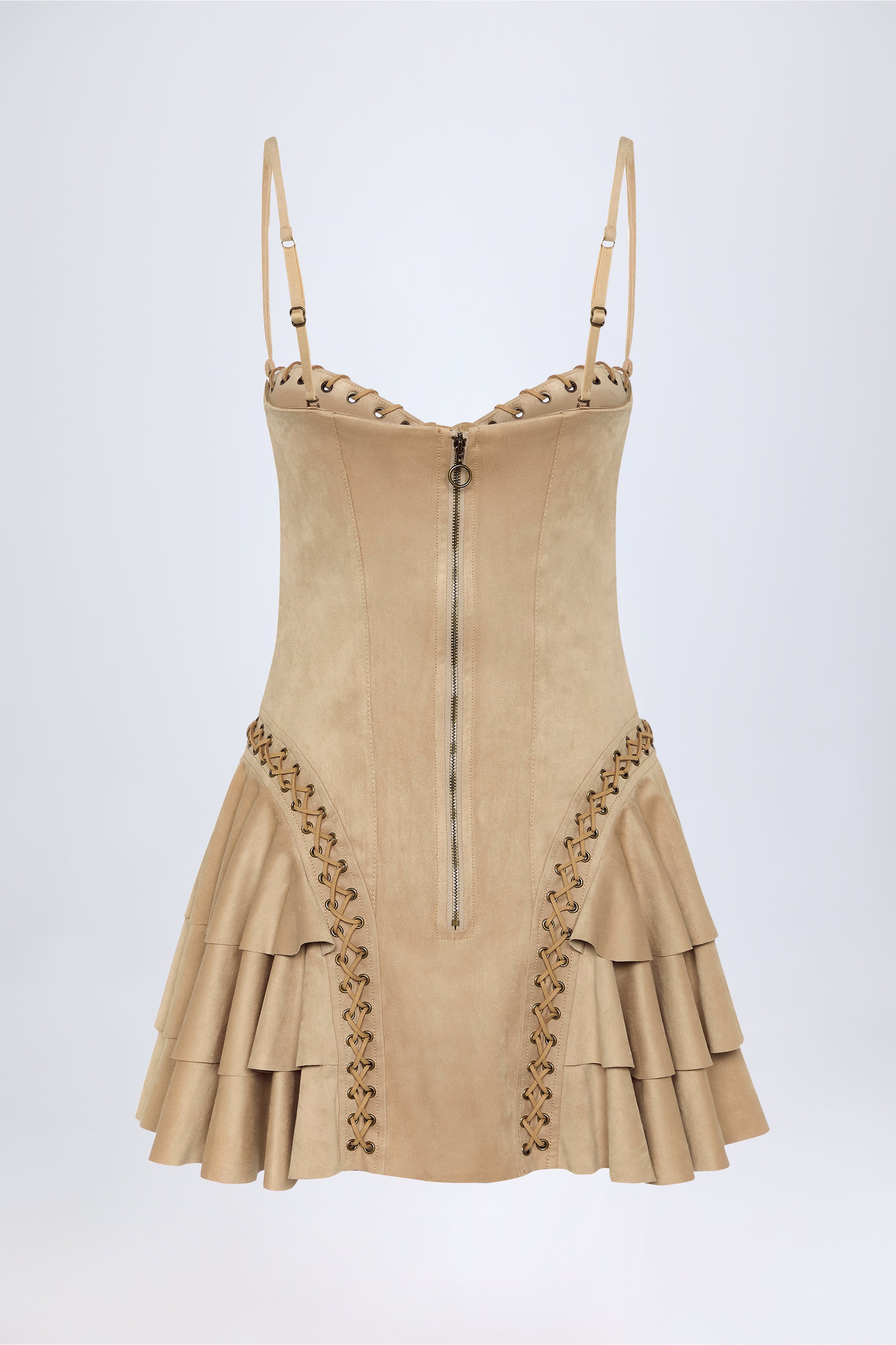 Hendrix Lace-Up Tiered Corset Mini Dress in Tan - Image 3