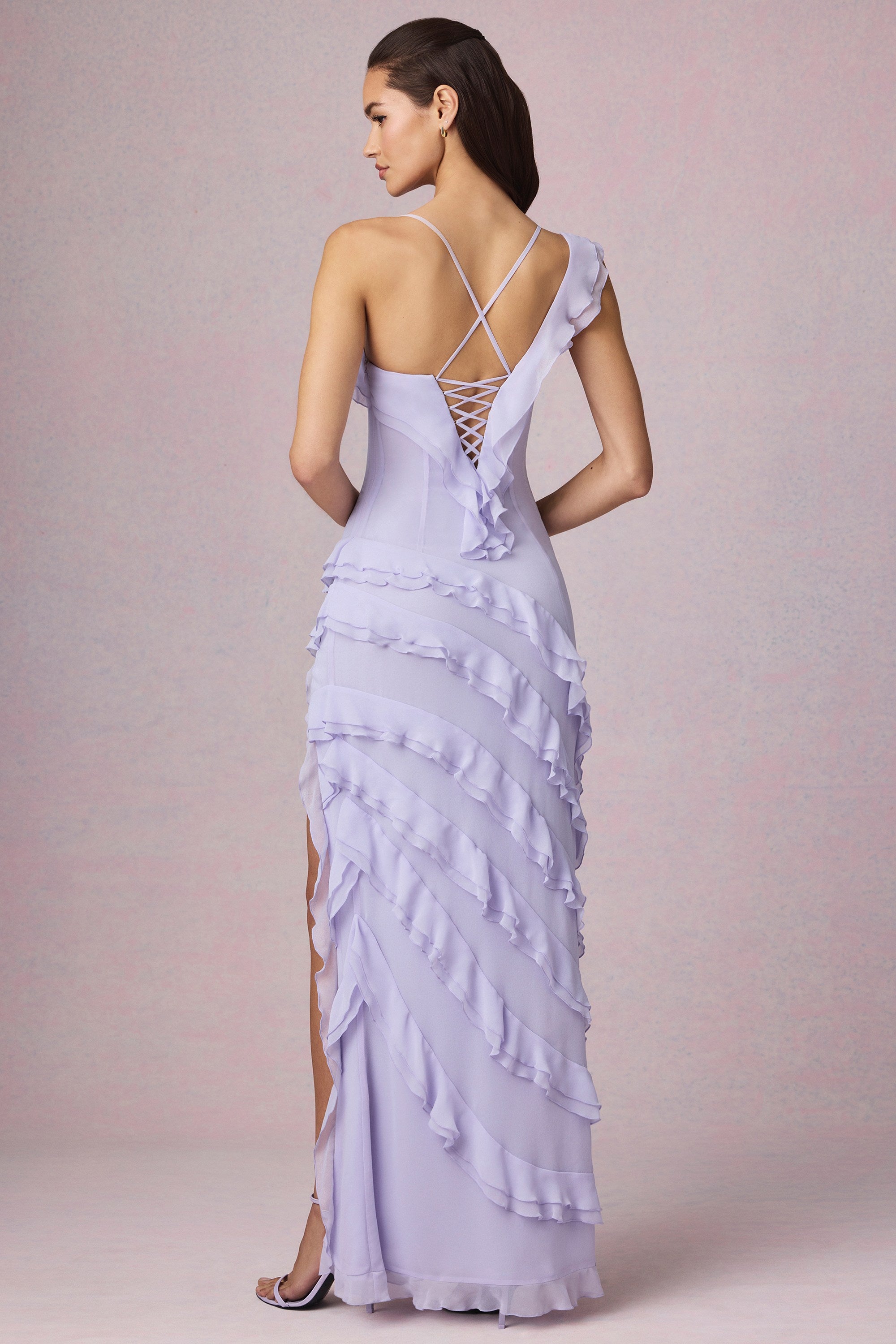 Hera Asymmetric Ruffled Lace-Up Gown in Lilac - Image 3