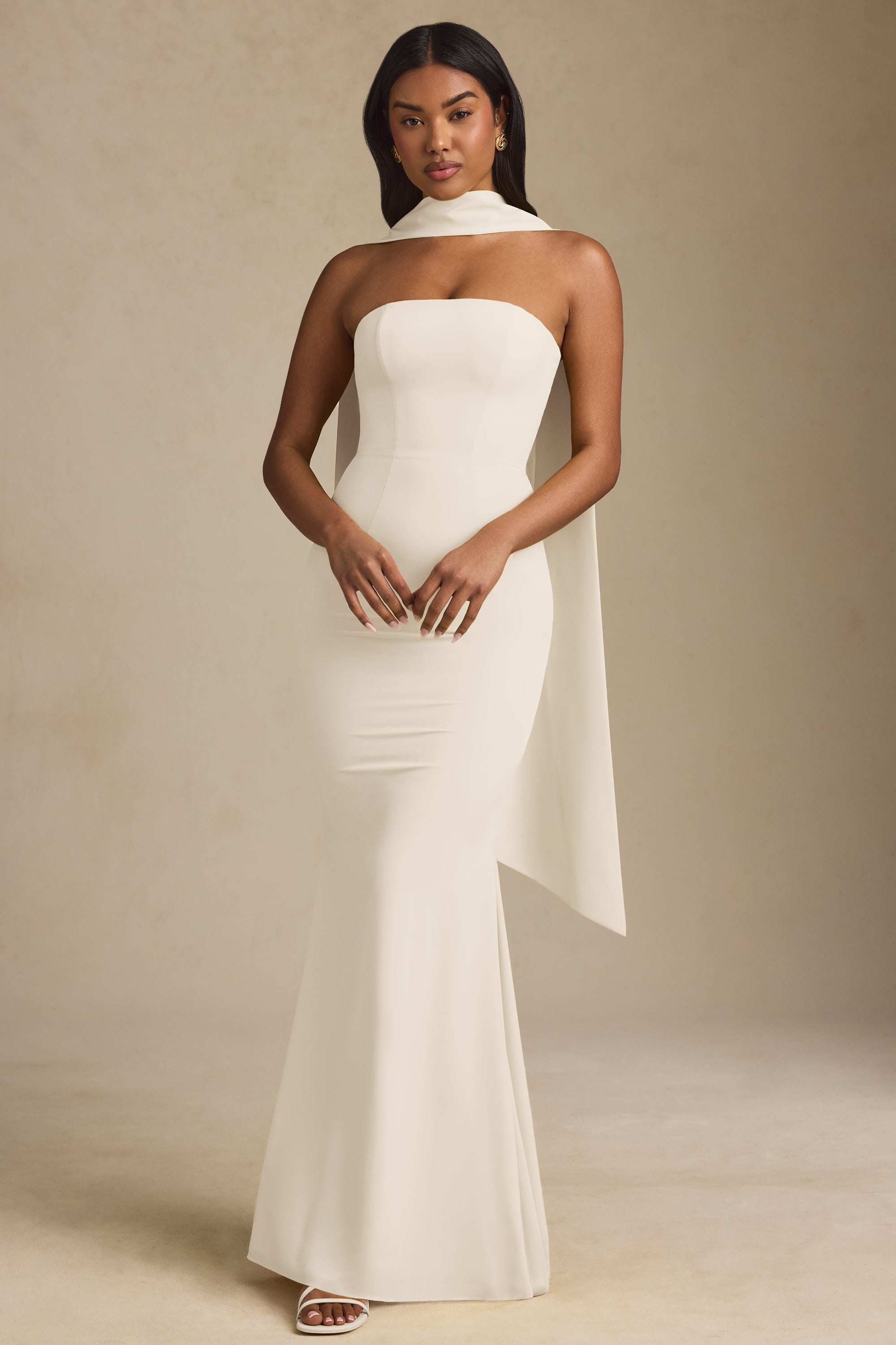 Imogene Scarf-Detail Strapless Gown in Ivory