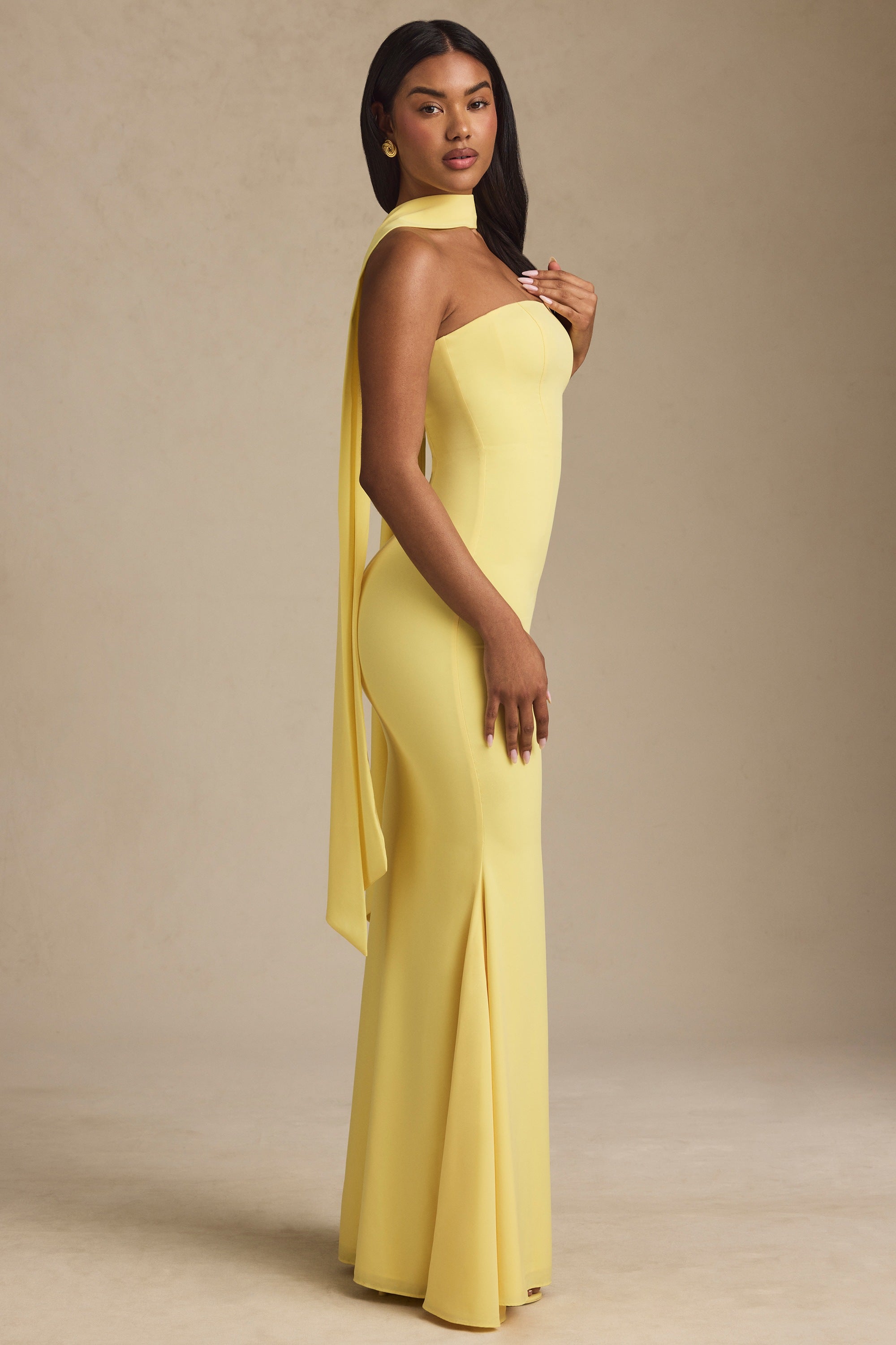Imogene Scarf-Detail Strapless Gown in Pastel Yellow - Image 3