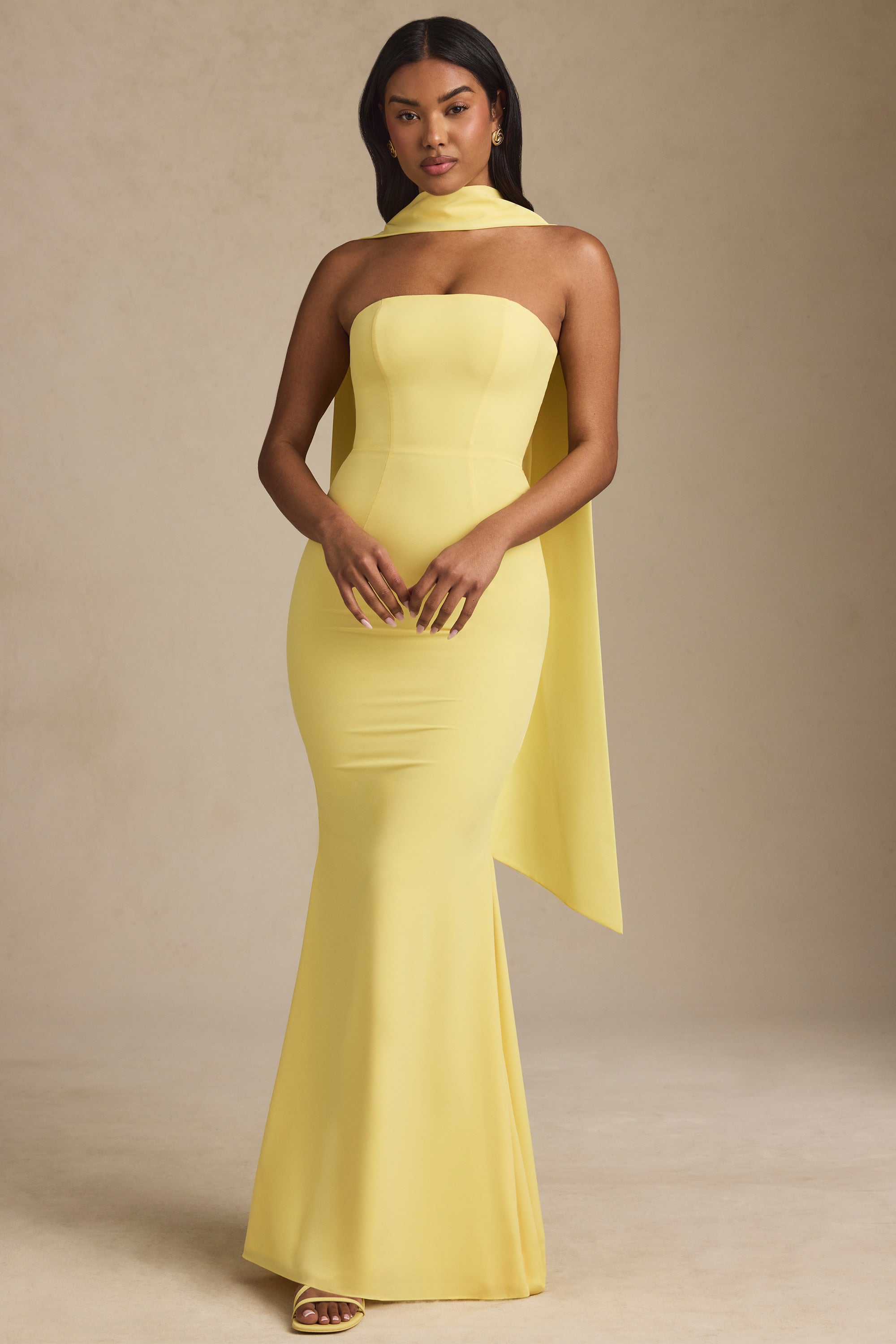 Imogene Scarf-Detail Strapless Gown in Pastel Yellow - Image 5