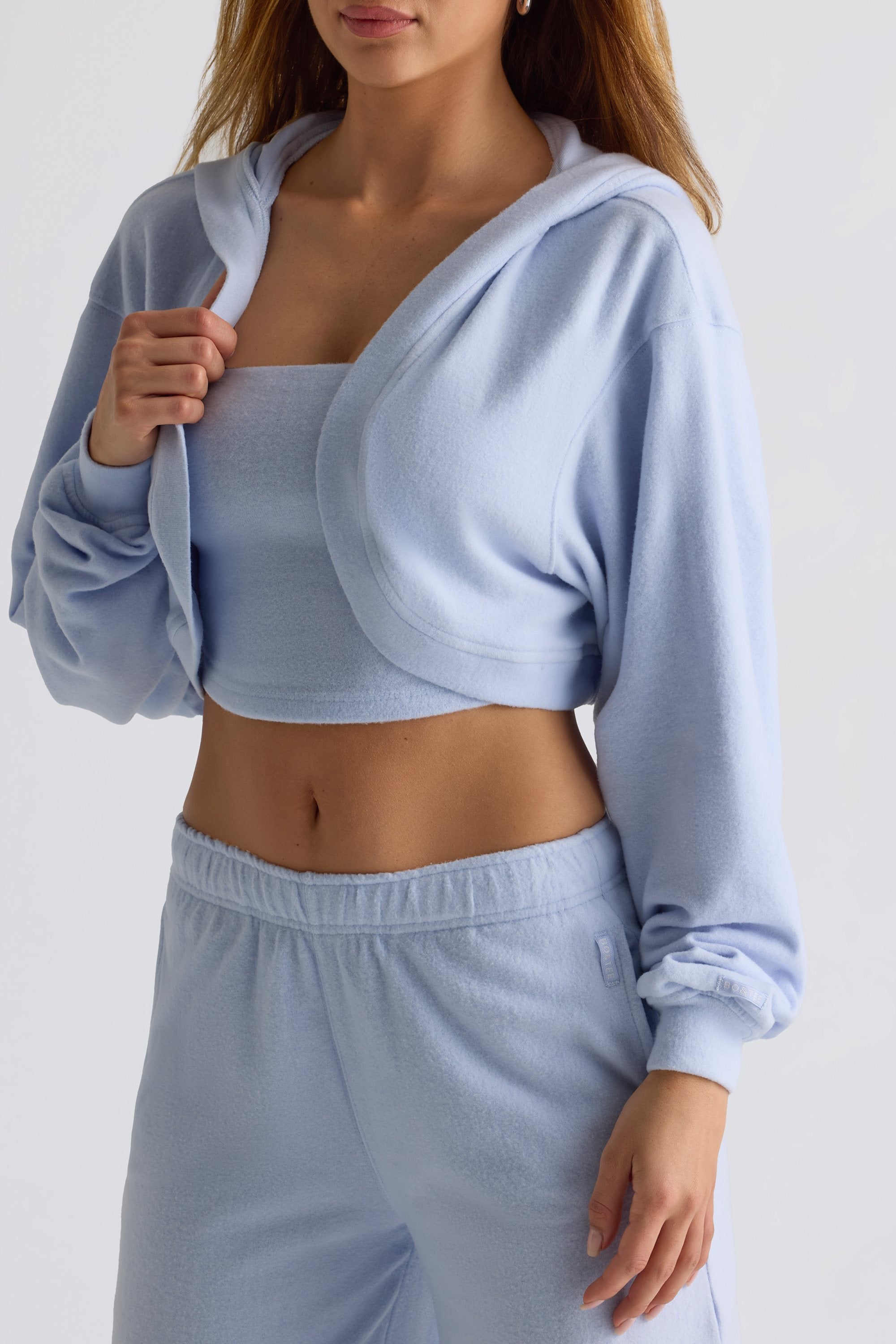 Brushed Jersey Hooded Cropped Shrug in Soft Blue - Image 5