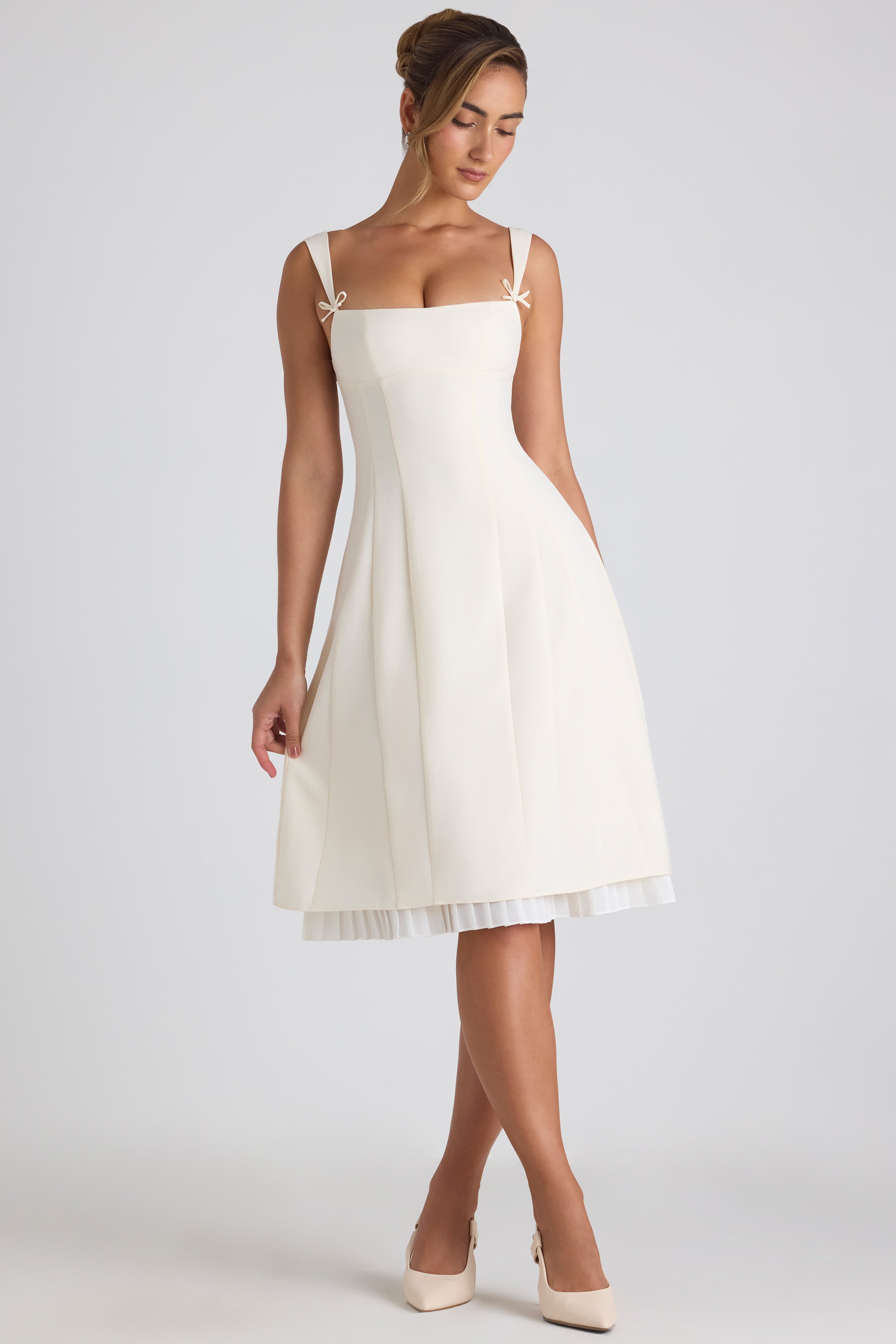 Isadora Bow-Detail Pleated A-Line Midi Dress in Ivory