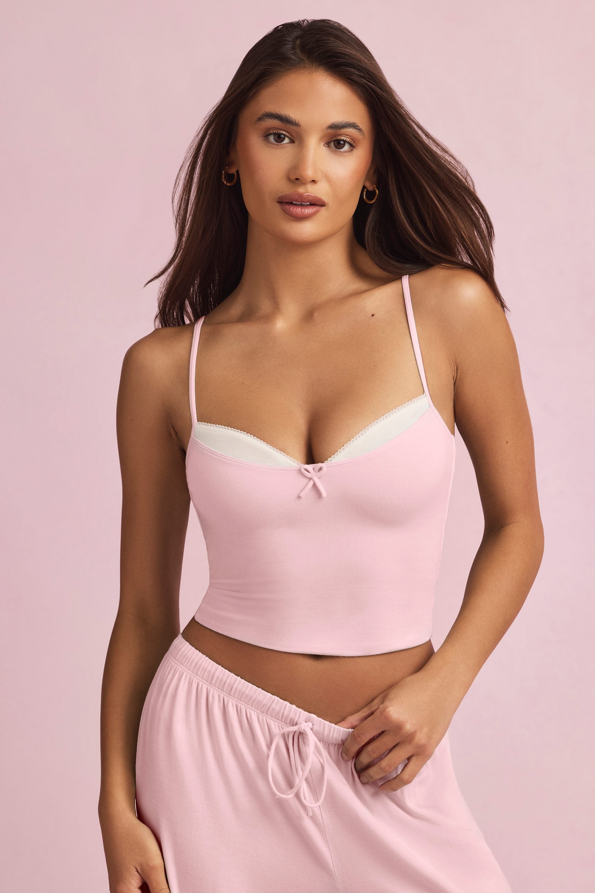Isalie Bow-Detail Layered Camisole Pyjama Top in Baby Pink