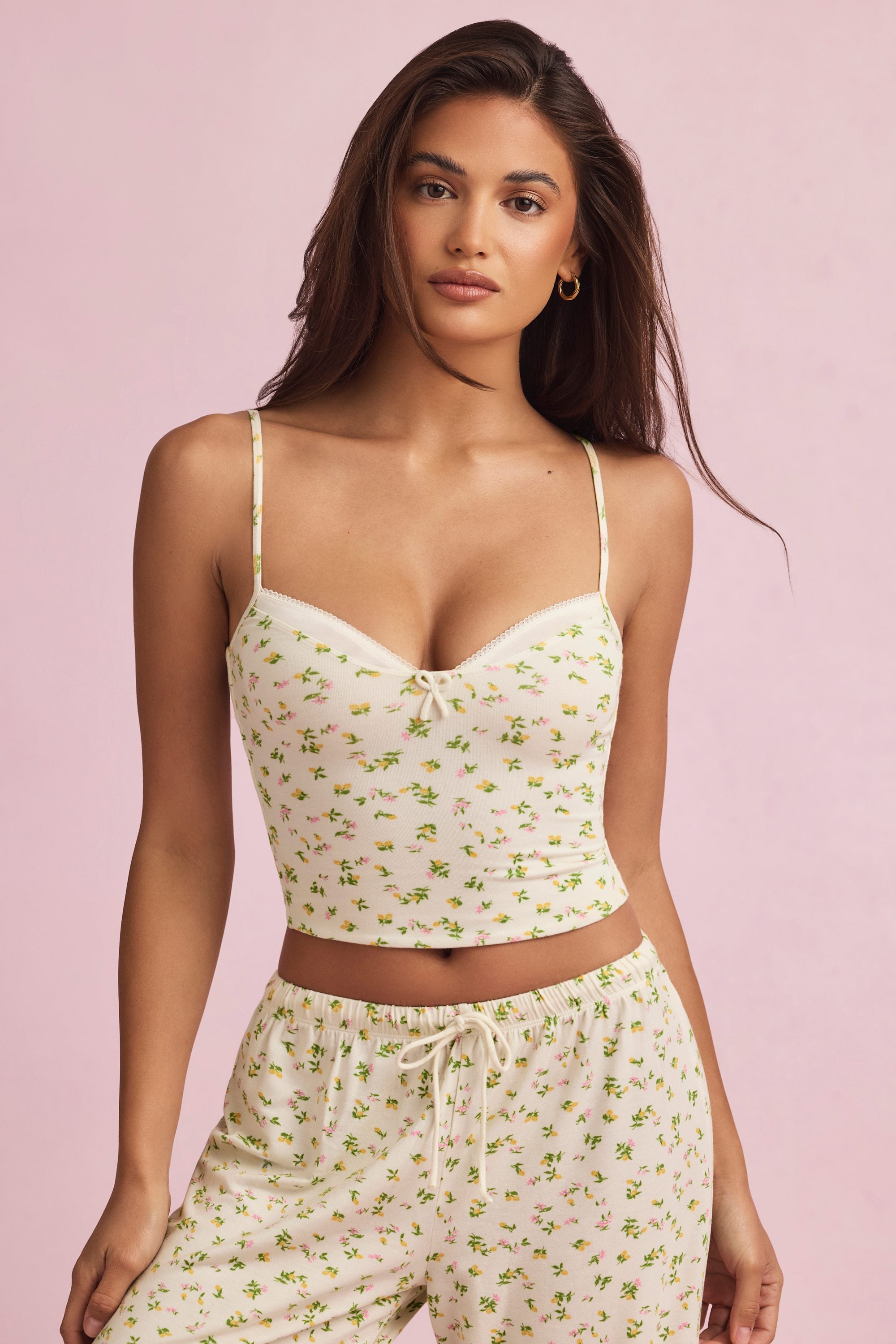 Isalie Bow-Detail Layered Camisole Pyjama Top in Lemon Print