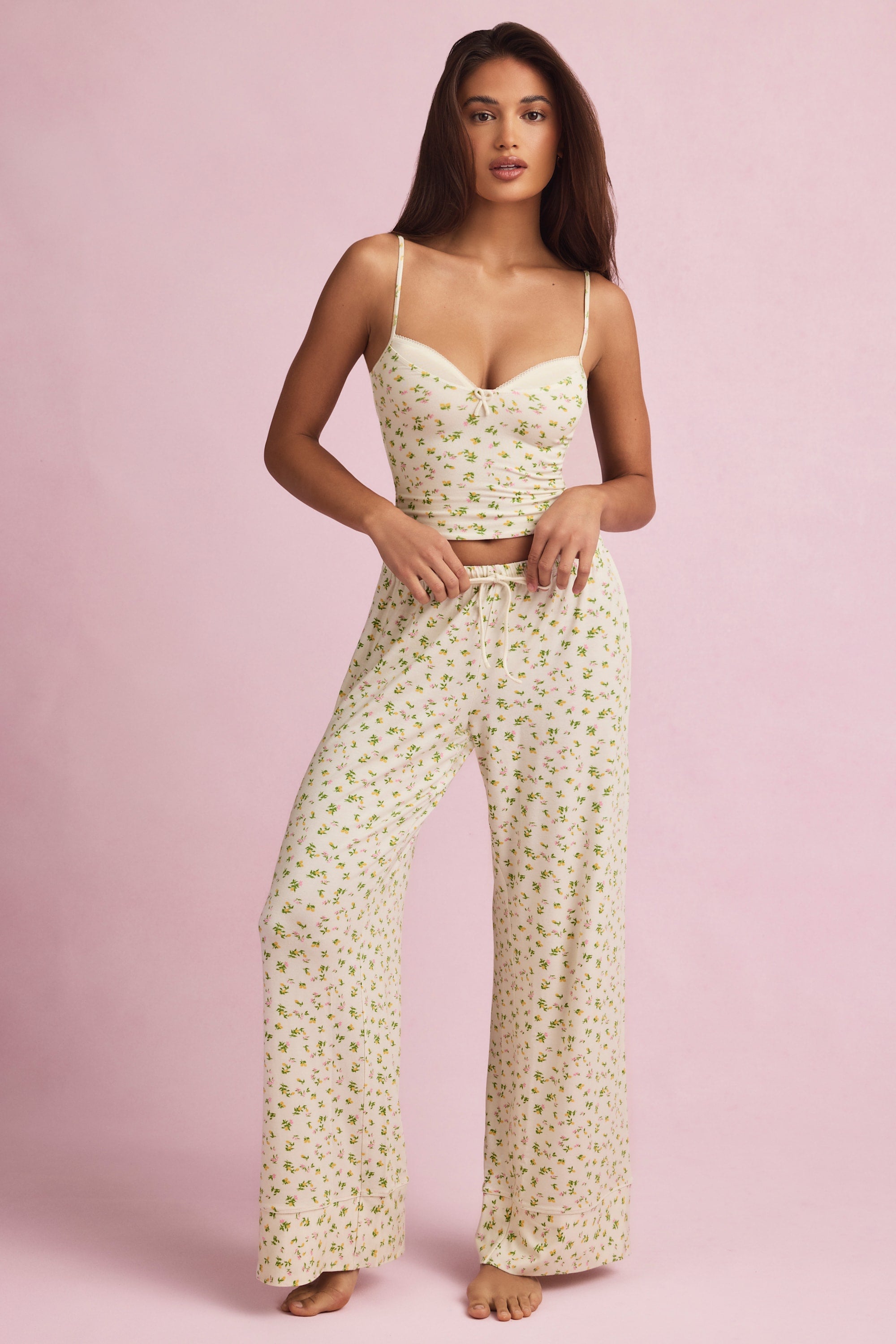 Isalie Bow-Detail Layered Camisole Pyjama Top in Lemon Print - Image 6