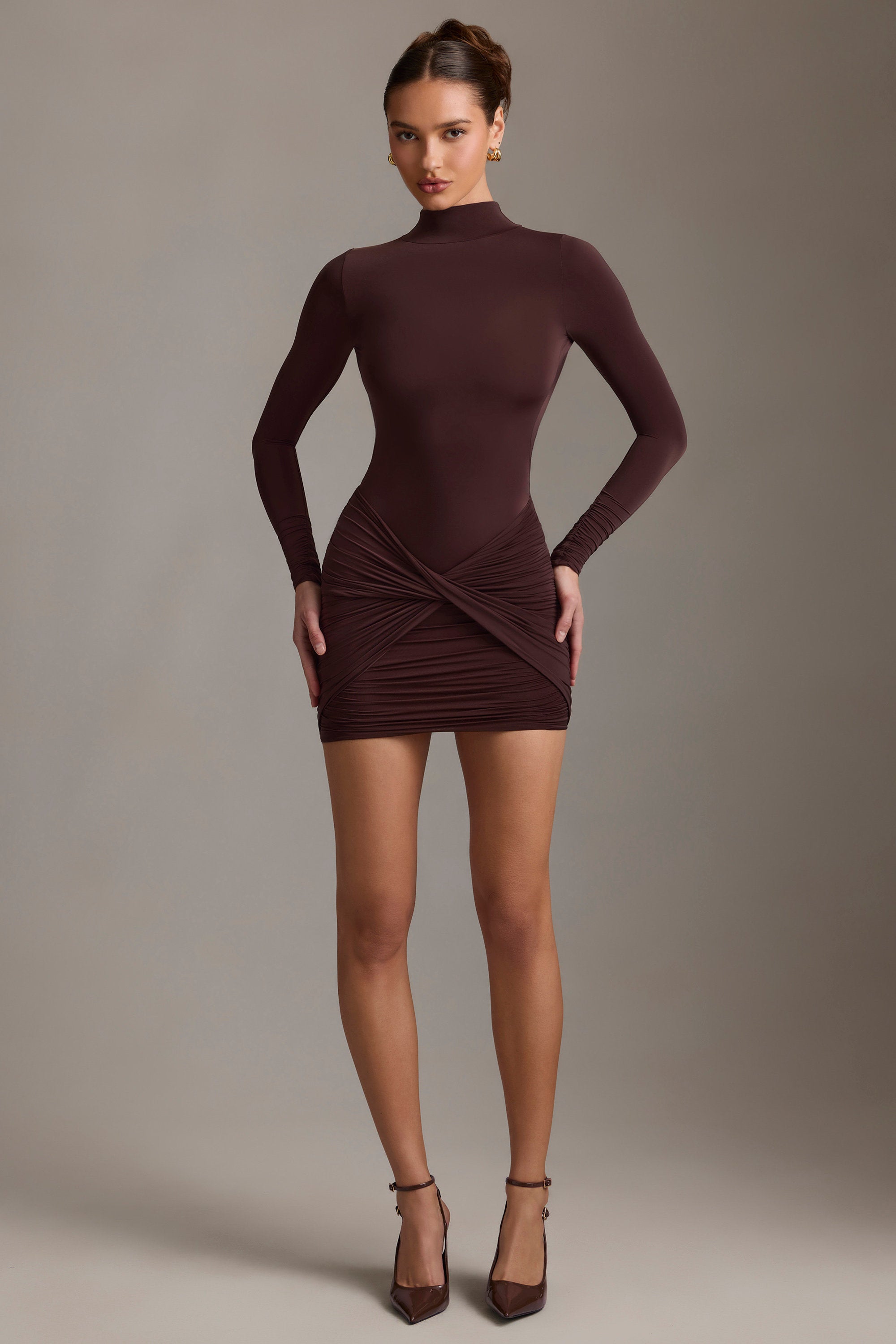Isolde Ruched Backless Turtleneck Mini Dress in Chocolate Brown - Image 9