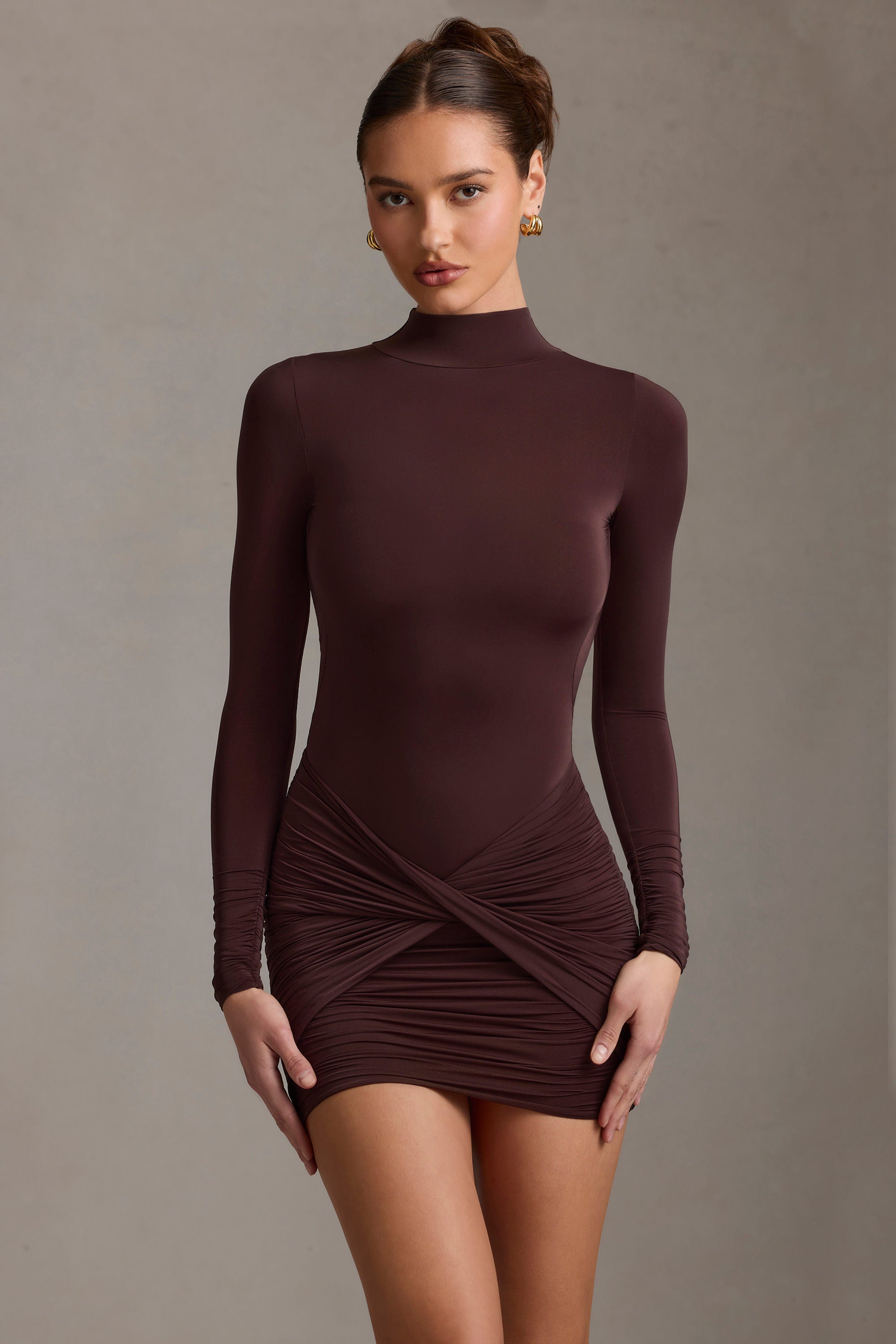Isolde Ruched Backless Turtleneck Mini Dress in Chocolate Brown