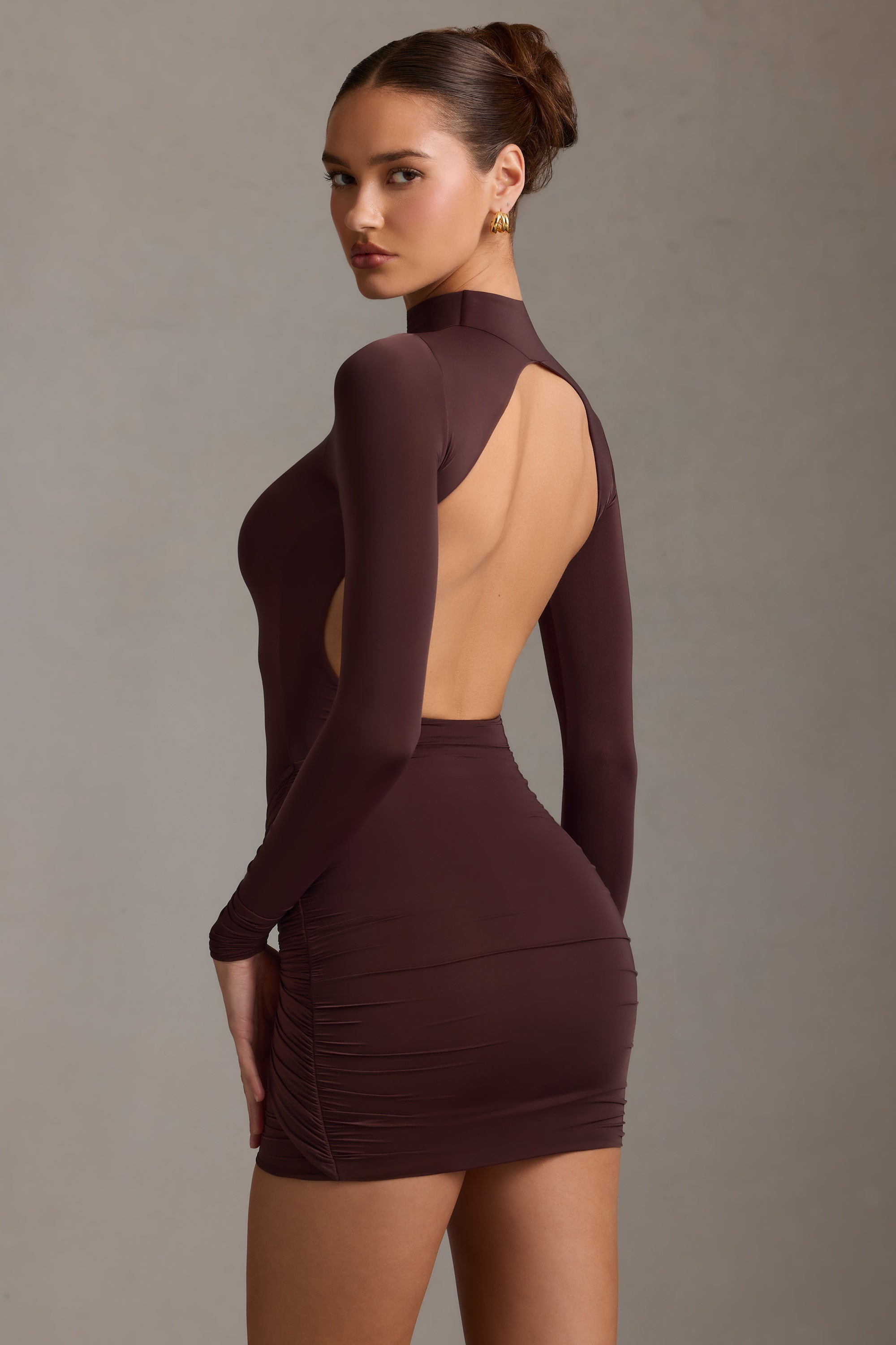 Isolde Ruched Backless Turtleneck Mini Dress in Chocolate Brown - Image 2