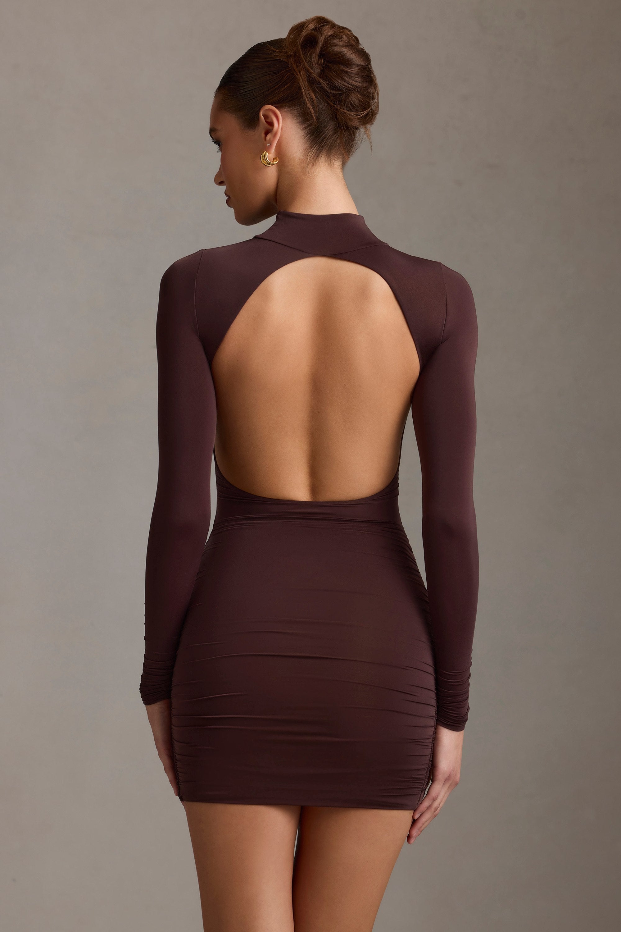 Isolde Ruched Backless Turtleneck Mini Dress in Chocolate Brown - Image 7