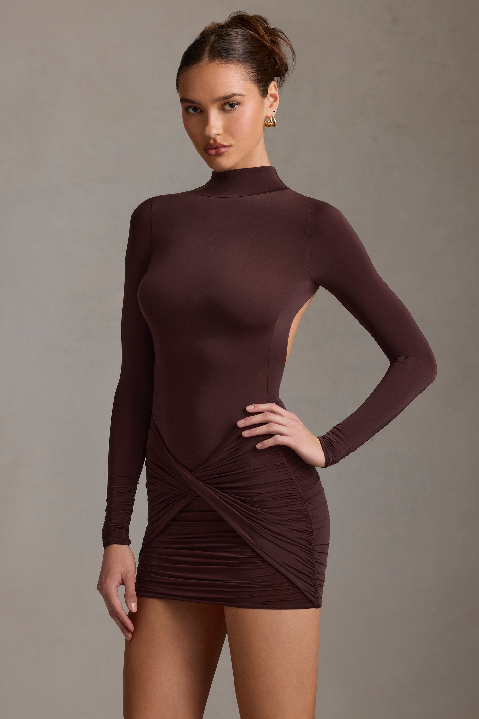 Isolde Ruched Backless Turtleneck Mini Dress in Chocolate Brown - Image 8