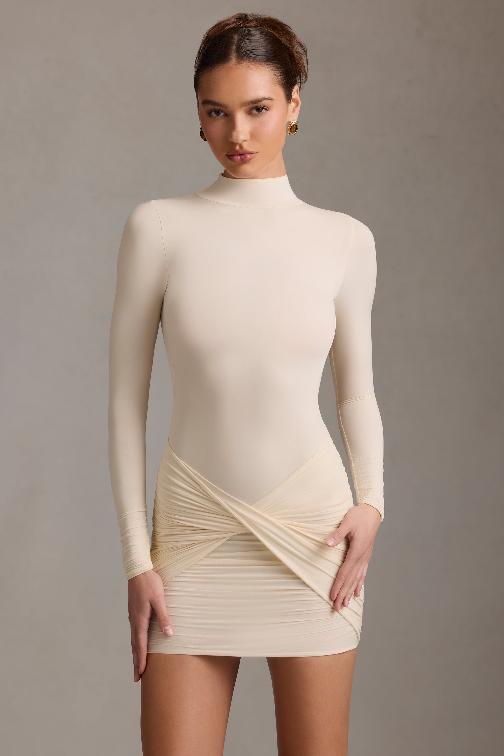 Isolde Ruched Backless Turtleneck Mini Dress in Ivory - Image 6