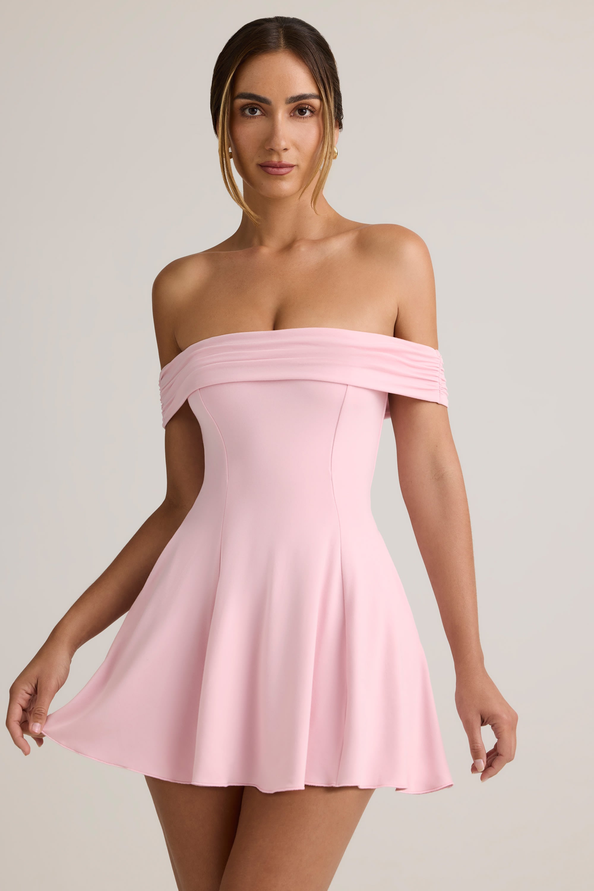 Jaida Modal Off-Shoulder A-Line Mini Dress in Baby Pink