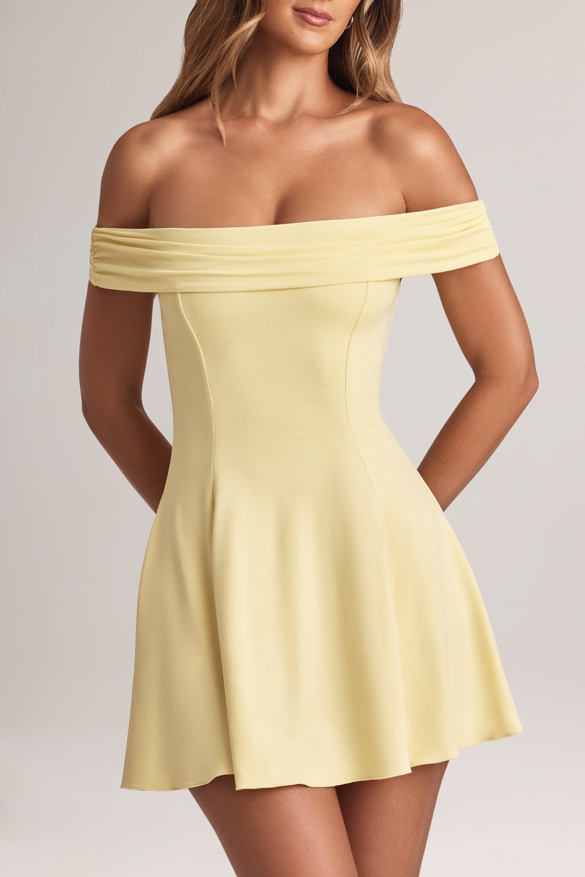 Jaida Modal Off-Shoulder A-Line Mini Dress in Lemon Sherbet - Image 3