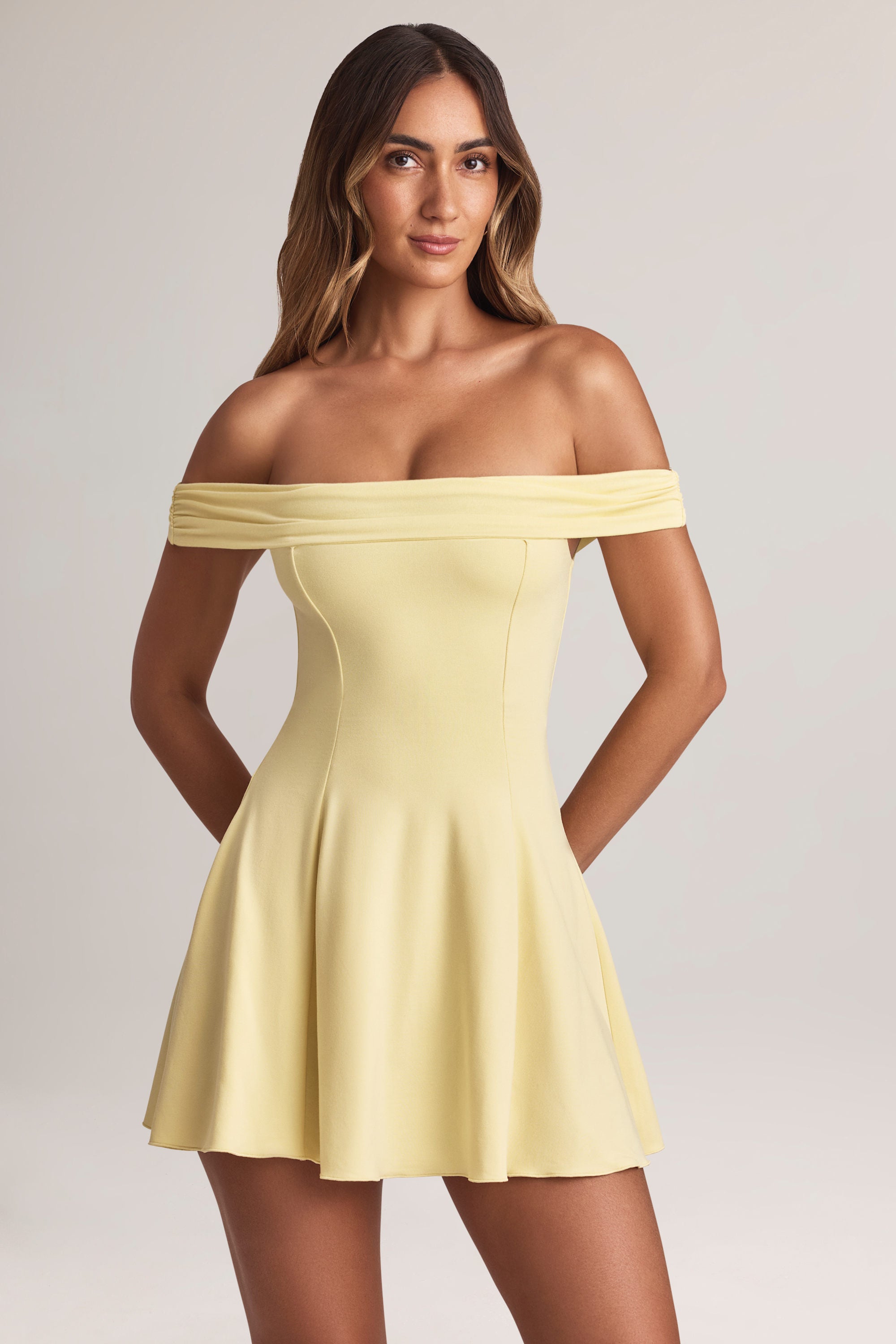 Jaida Modal Off-Shoulder A-Line Mini Dress in Lemon Sherbet - Image 5