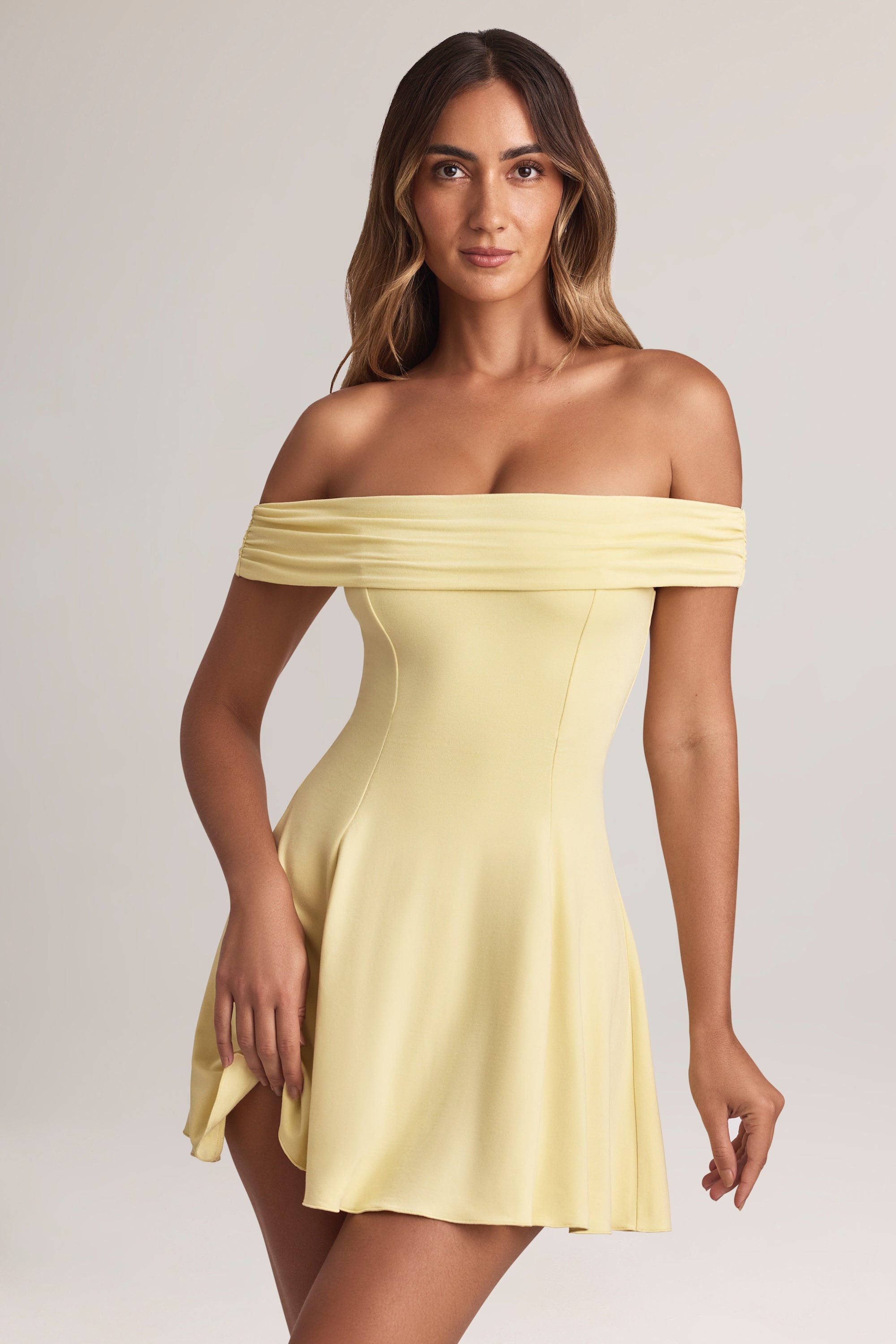 Jaida Modal Off-Shoulder A-Line Mini Dress in Lemon Sherbet - Image 7