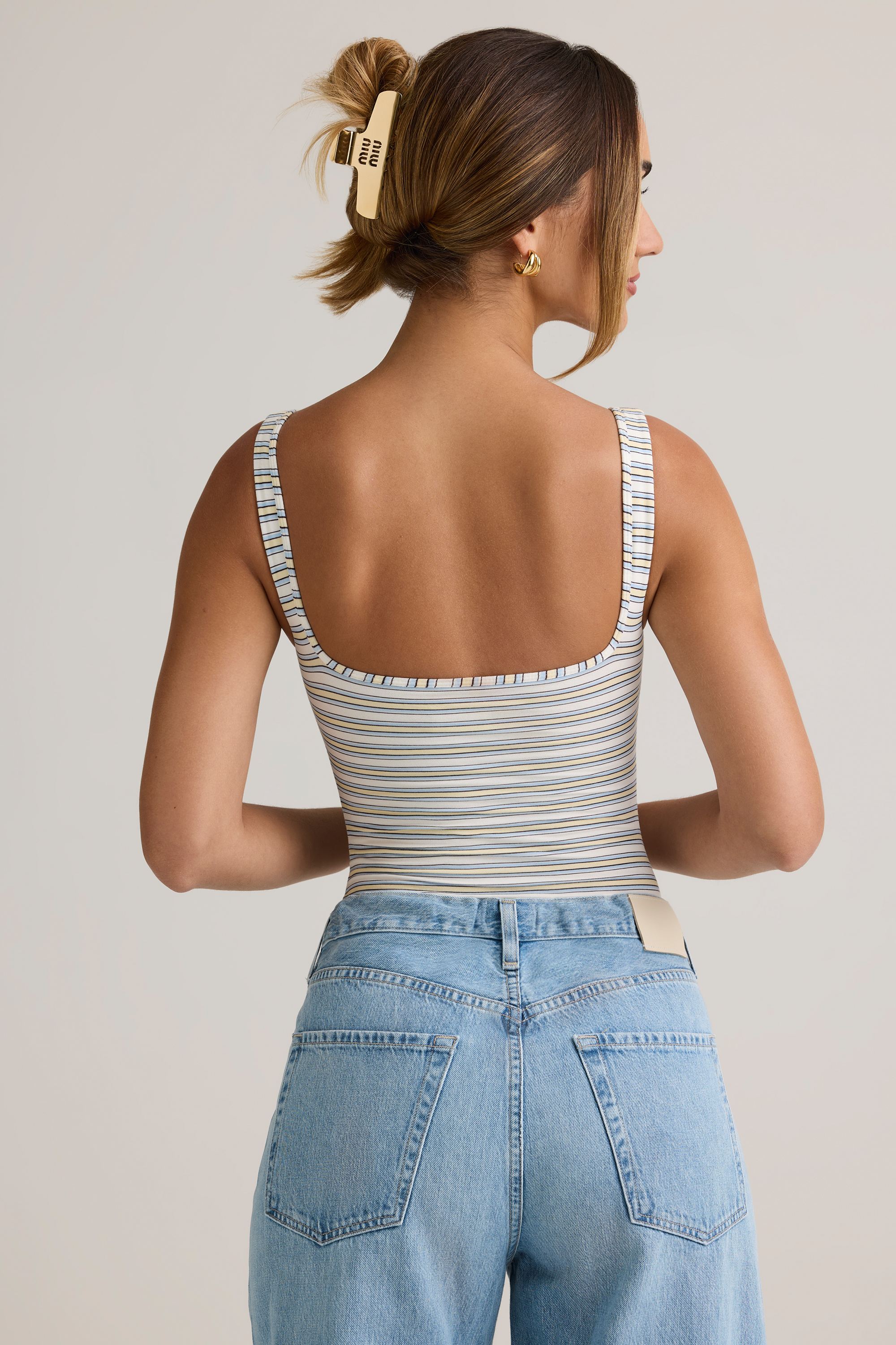 Jolla Modal Square-Neck Bodysuit in Blue and Yellow Stripe - Image 2