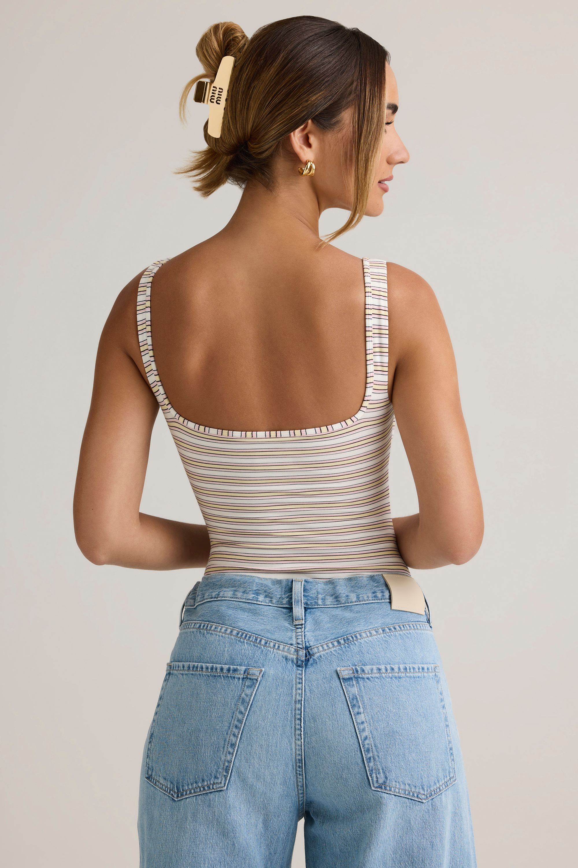 Jolla Modal Square-Neck Bodysuit in Pink and Yellow Stripe - Image 2