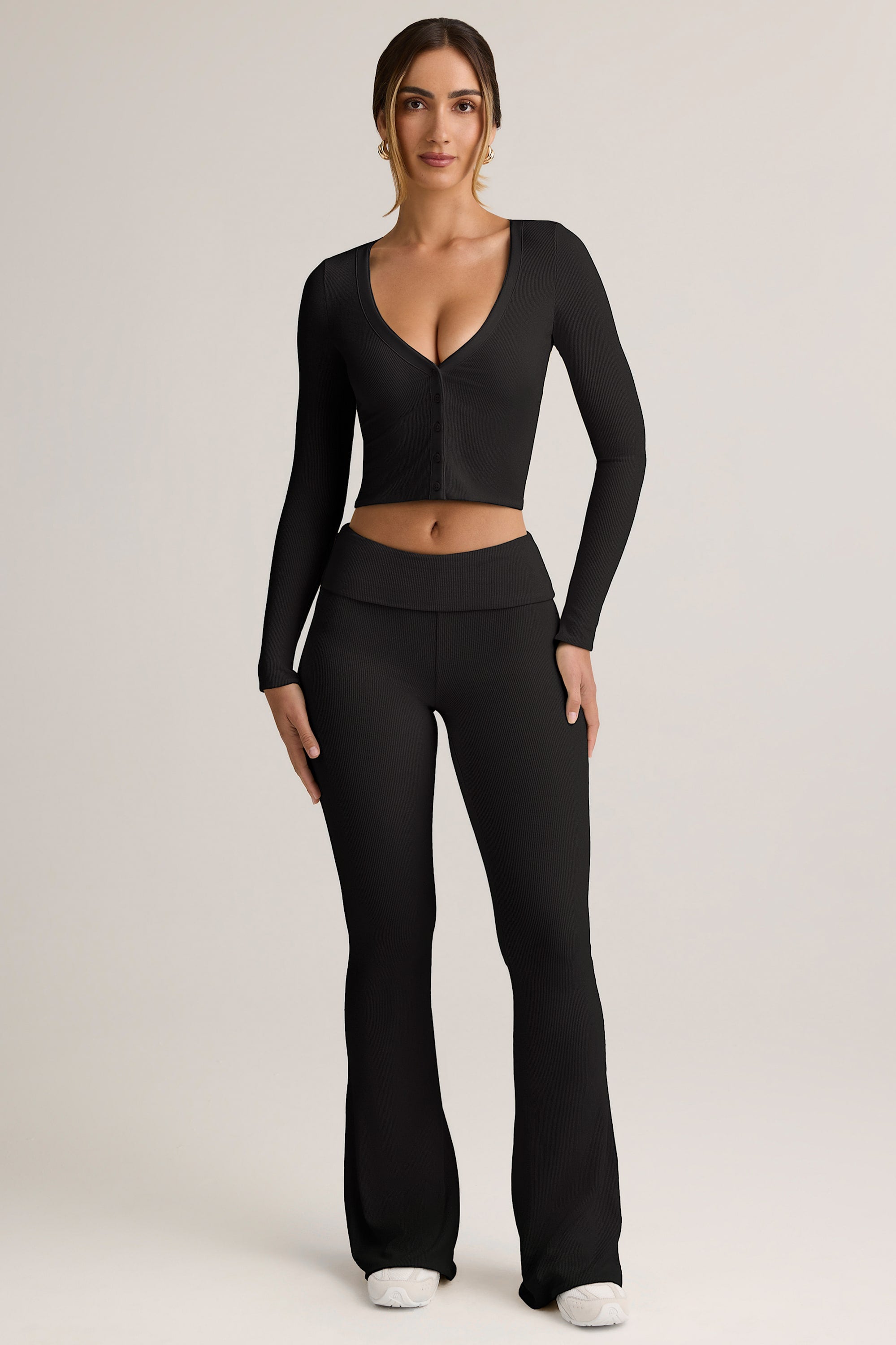 Jules Modal Ribbed Foldover Flared Trousers in Black