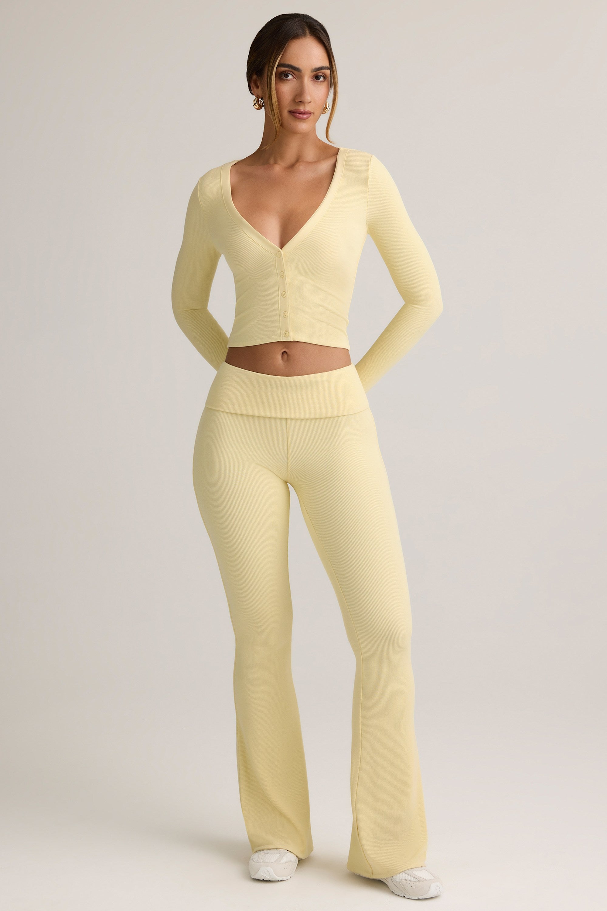 Jules Modal Ribbed Foldover Flared Trousers in Buttercream Yellow