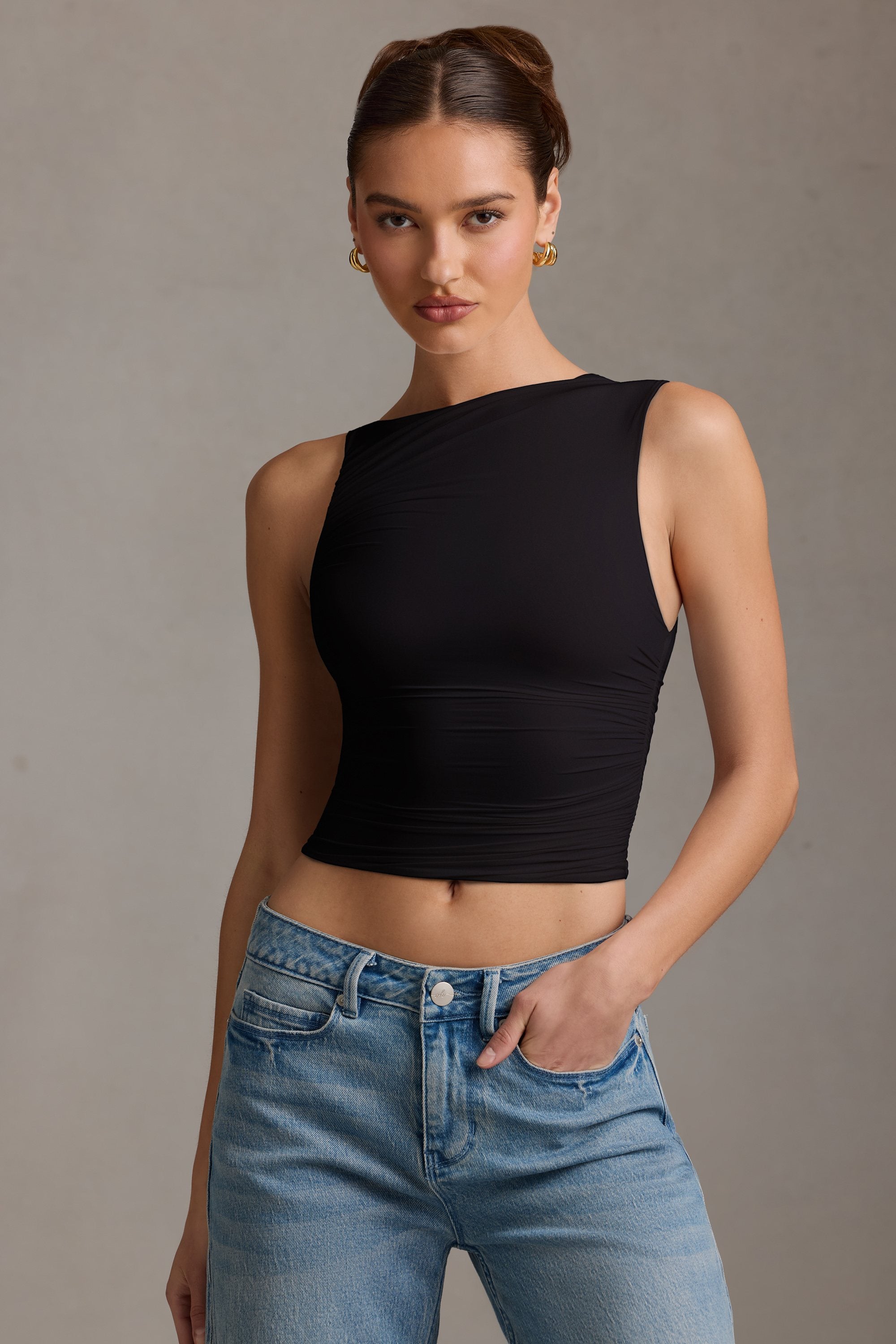 Kirbie Asymmetric Ruched Tank Top in Black