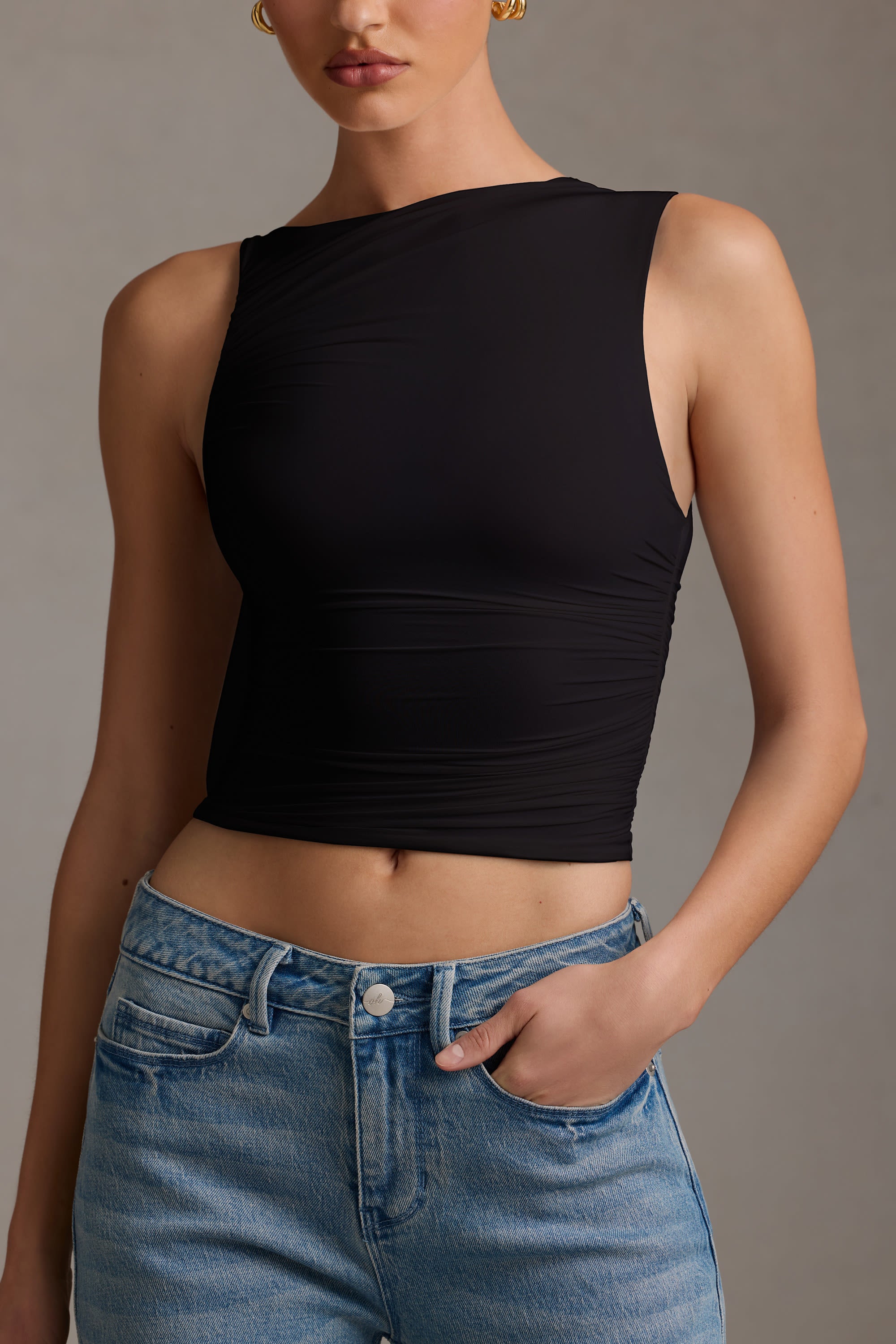 Kirbie Asymmetric Ruched Tank Top in Black - Image 2