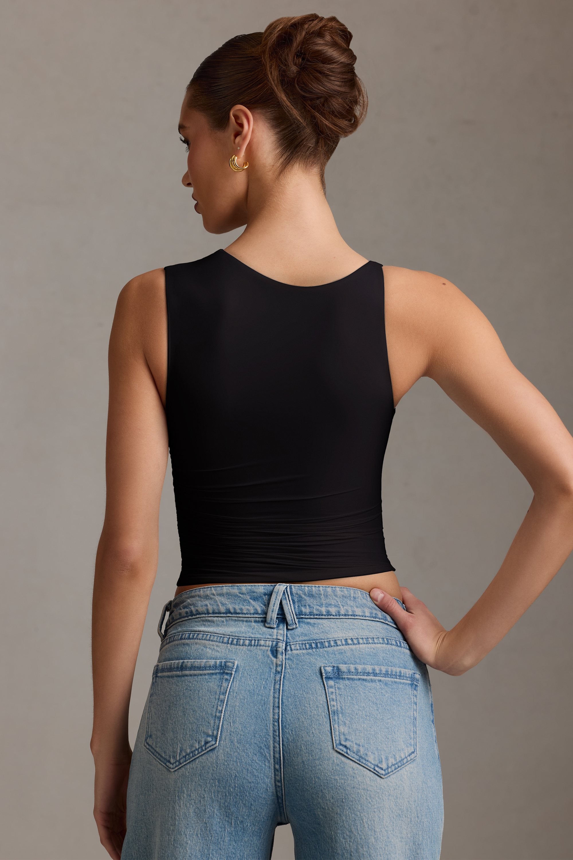 Kirbie Asymmetric Ruched Tank Top in Black - Image 3