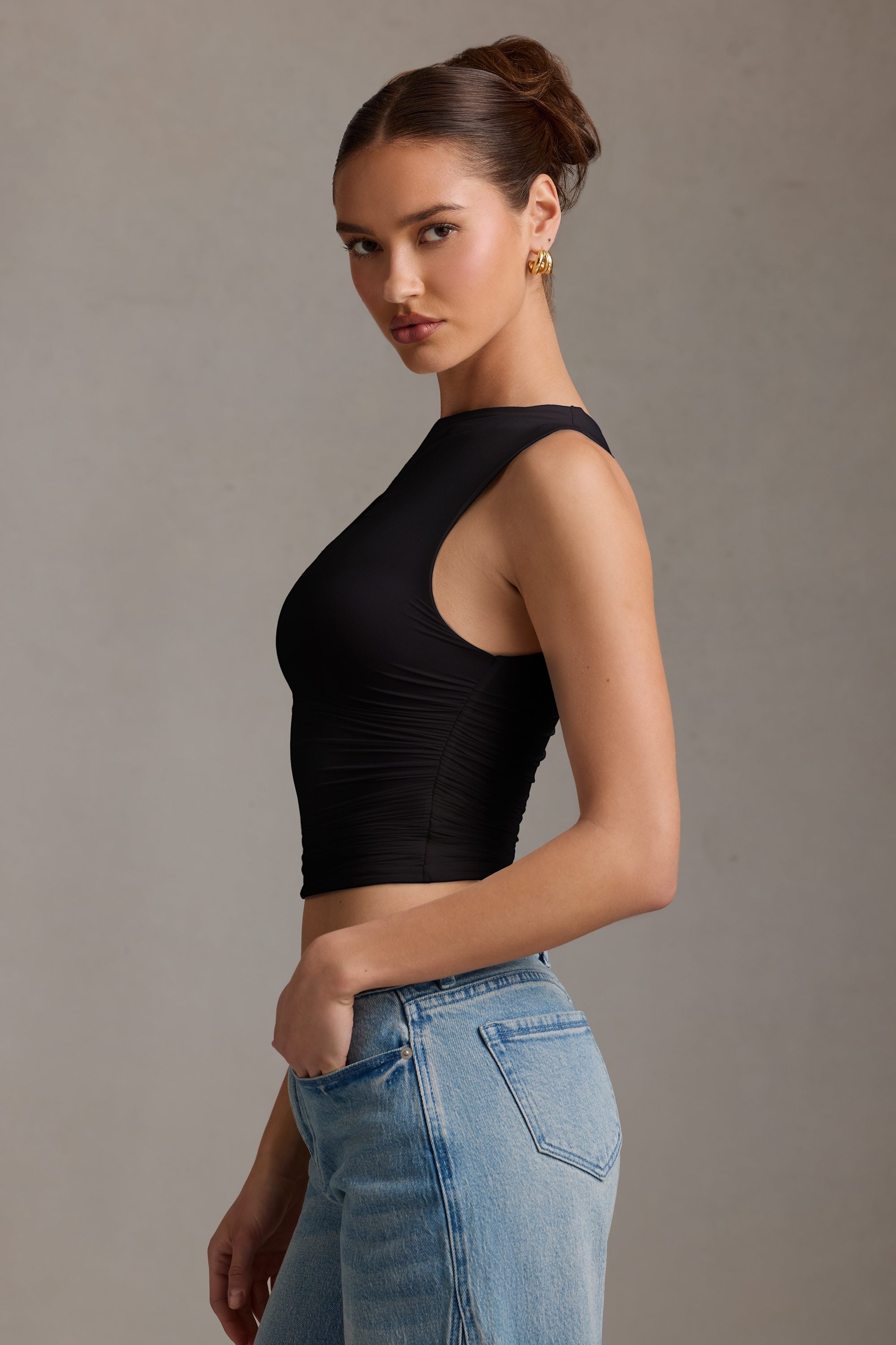 Kirbie Asymmetric Ruched Tank Top in Black - Image 4