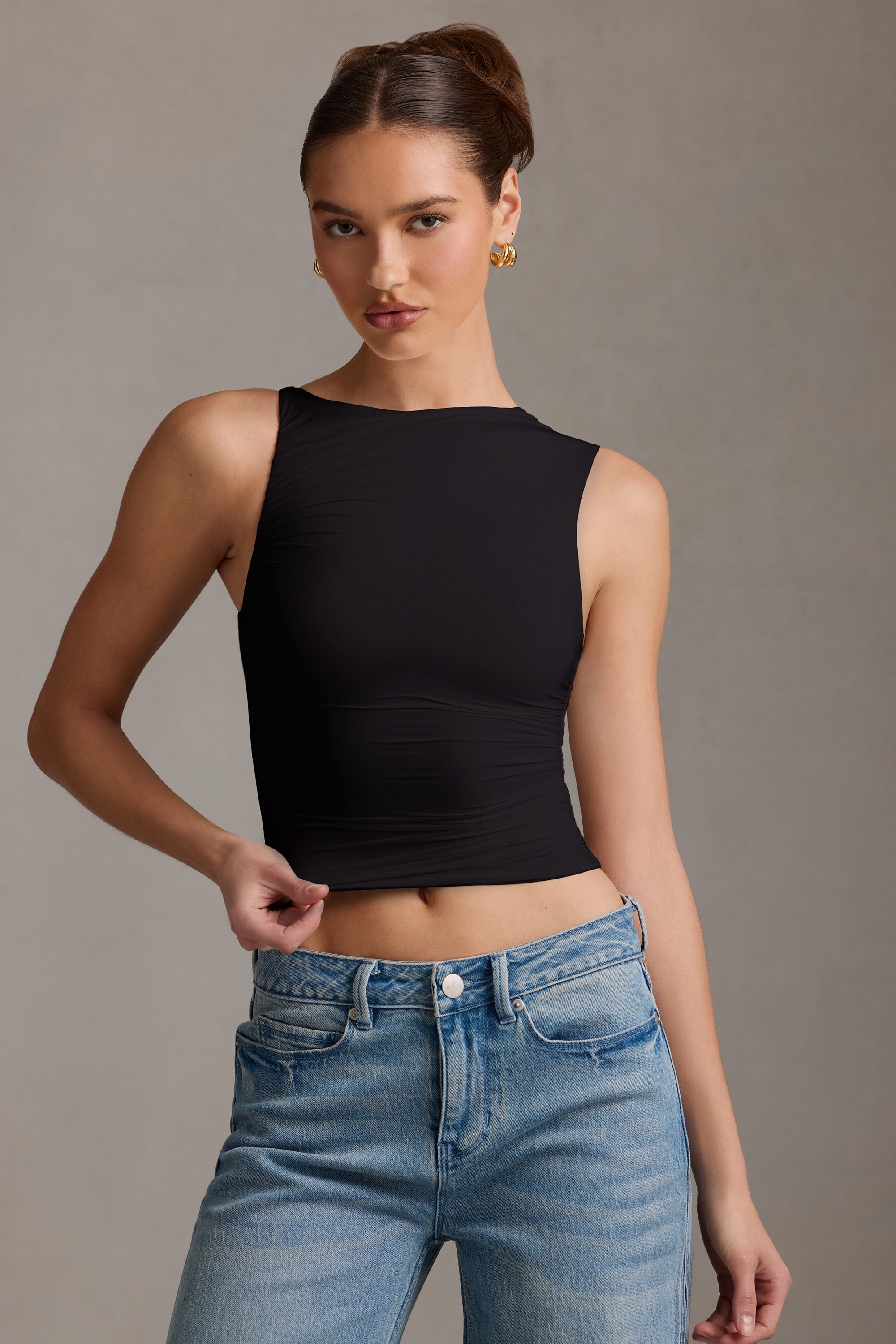Kirbie Asymmetric Ruched Tank Top in Black - Image 5