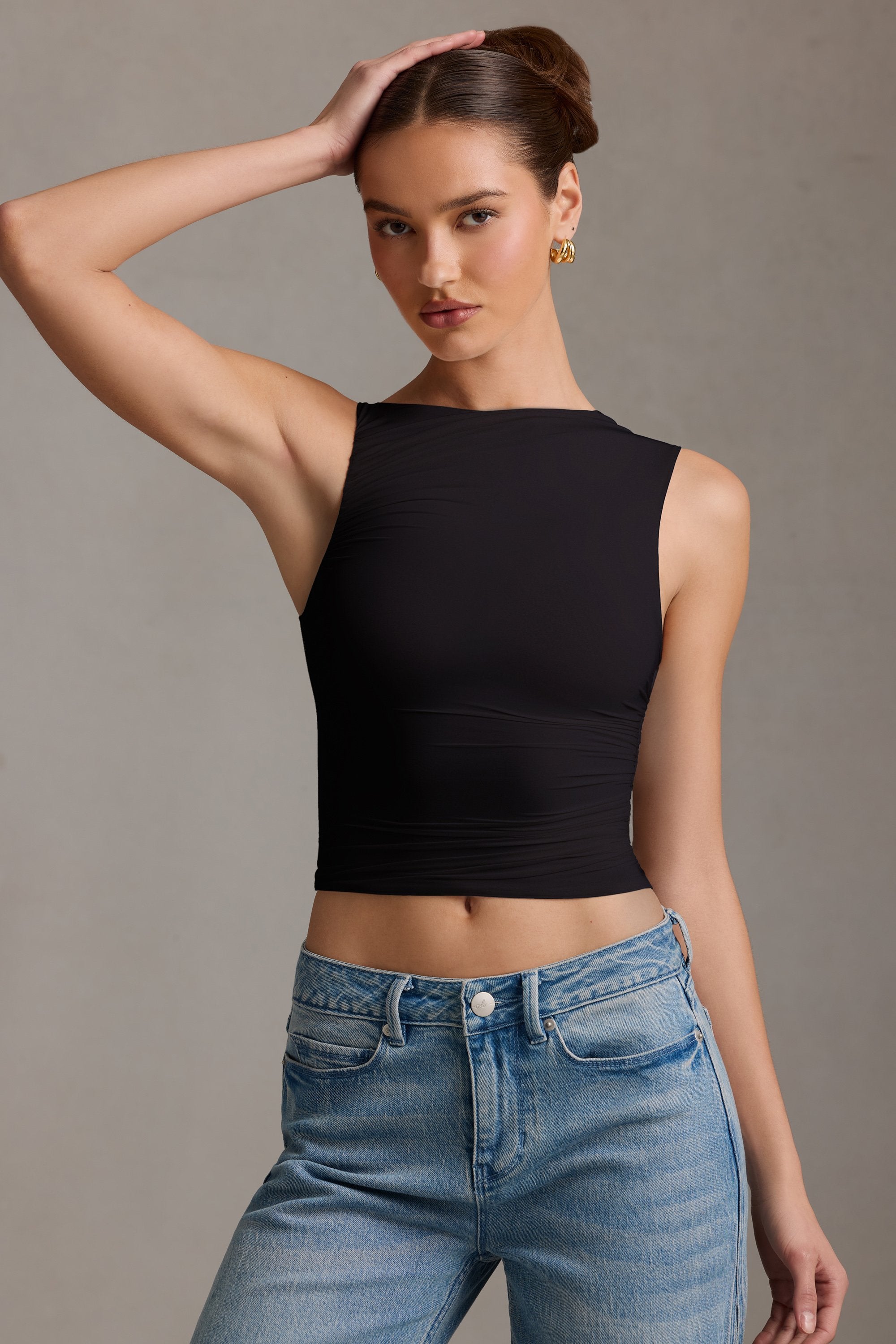 Kirbie Asymmetric Ruched Tank Top in Black - Image 6