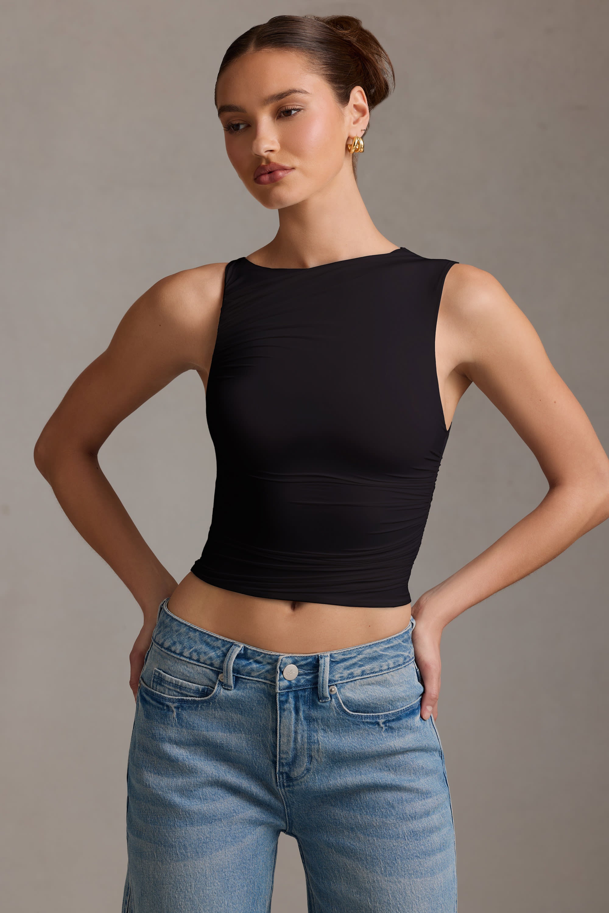 Kirbie Asymmetric Ruched Tank Top in Black - Image 7