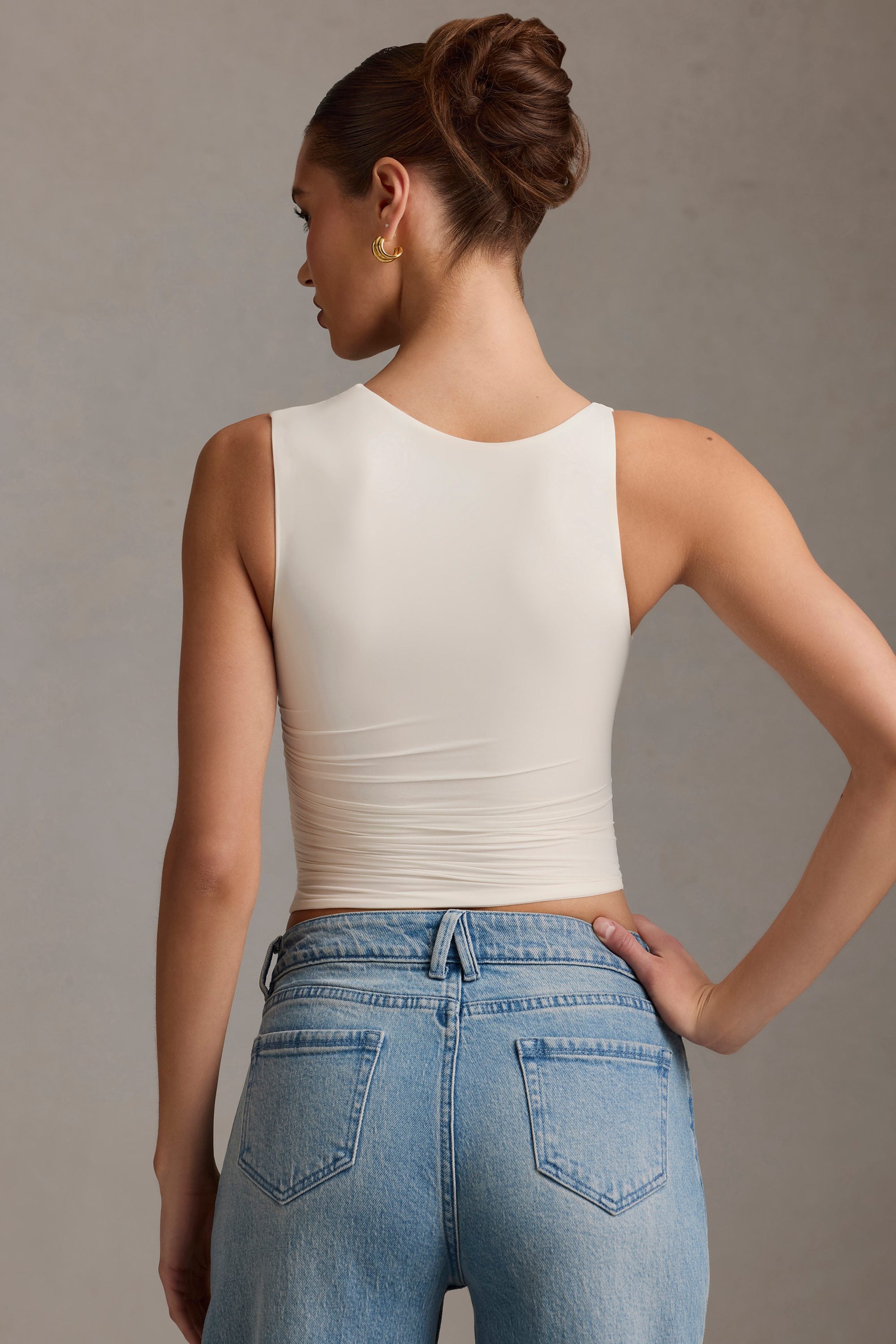 Kirbie Asymmetric Ruched Tank Top in Vanilla - Image 3