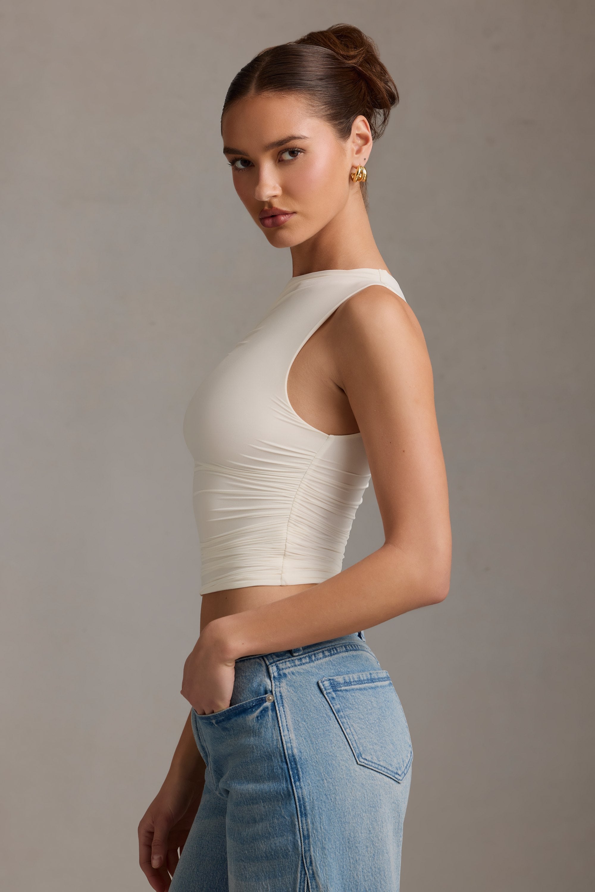 Kirbie Asymmetric Ruched Tank Top in Vanilla - Image 4