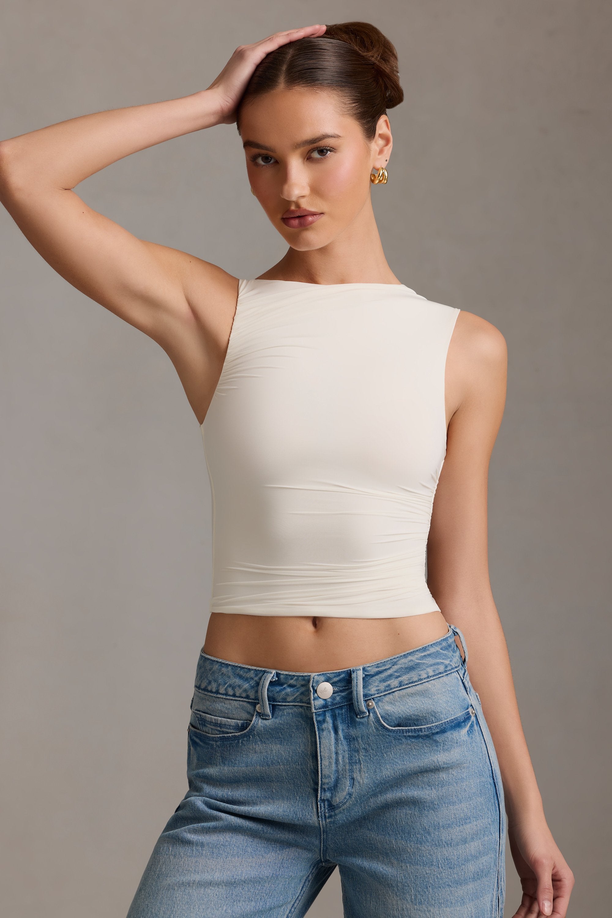 Kirbie Asymmetric Ruched Tank Top in Vanilla - Image 5