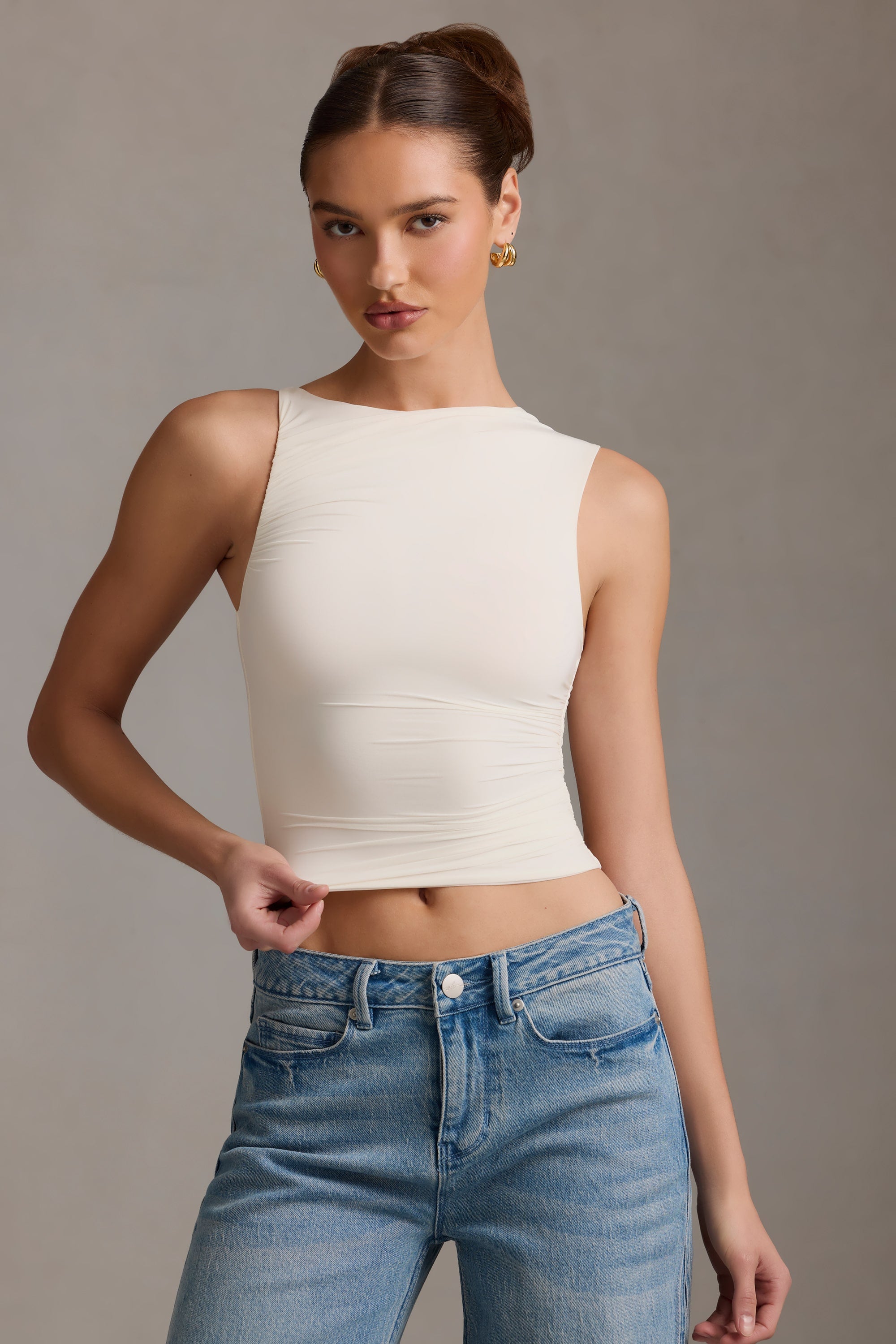 Kirbie Asymmetric Ruched Tank Top in Vanilla - Image 6
