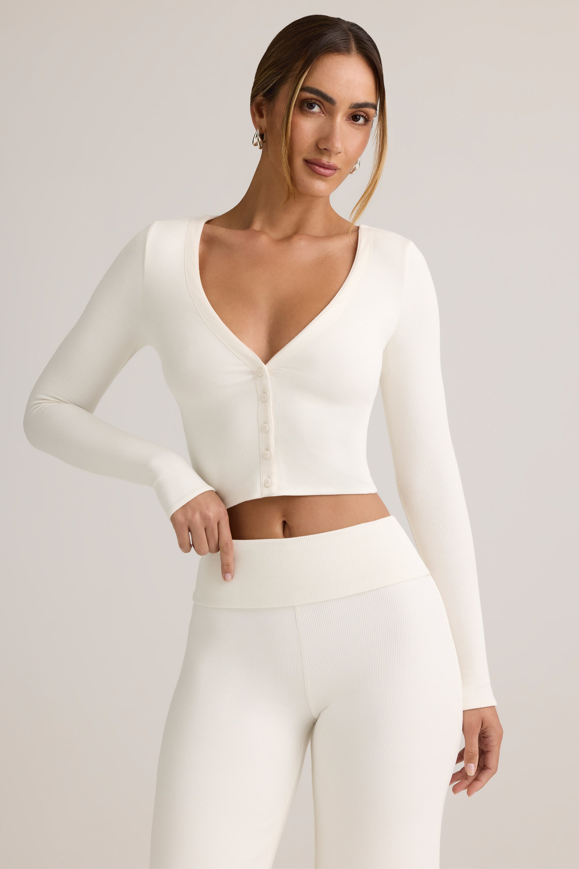 Kiva Modal Ribbed Cropped Cardigan in White - Image 6