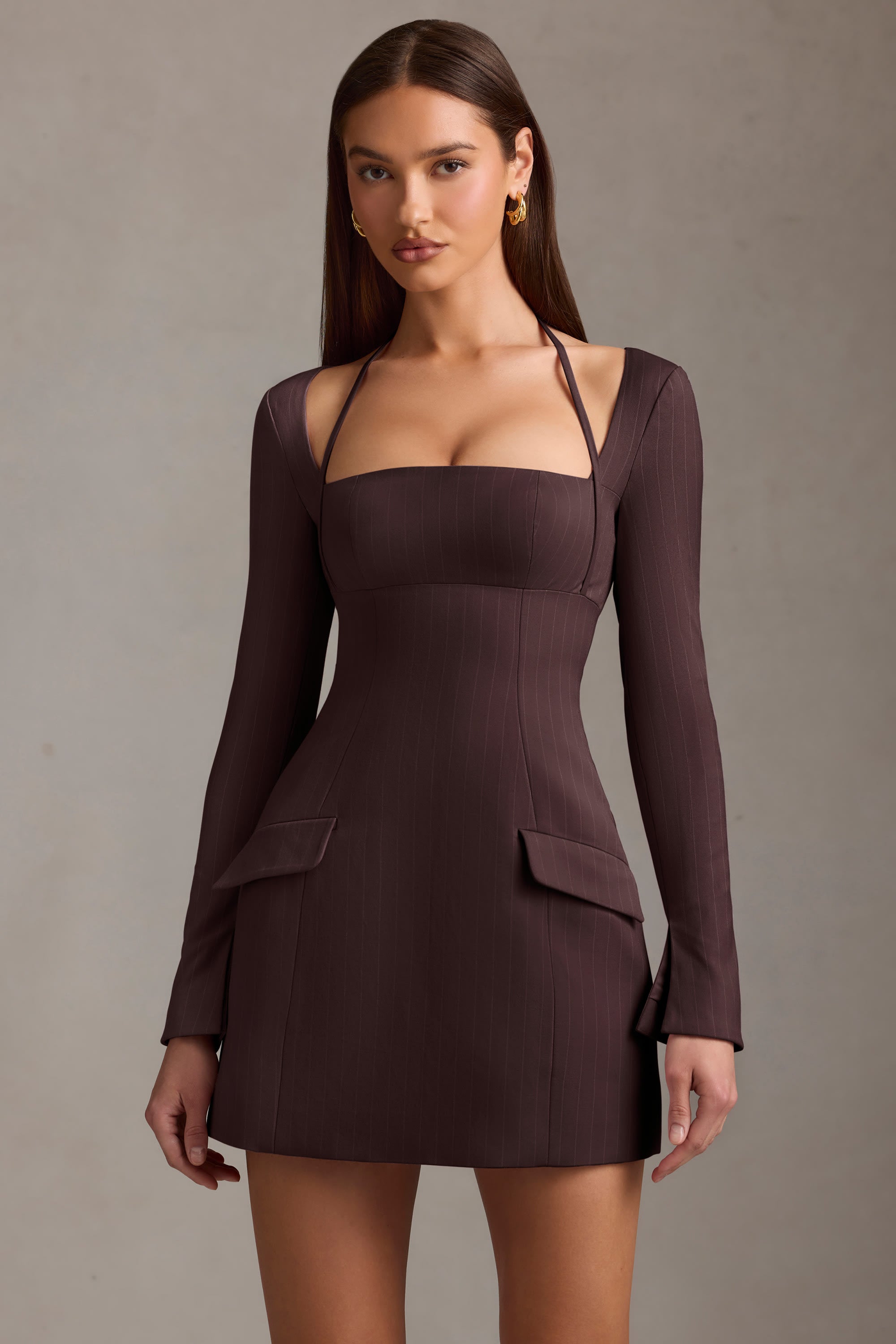 Ksenia Pinstripe Structured A-Line Mini Dress in Chocolate Brown
