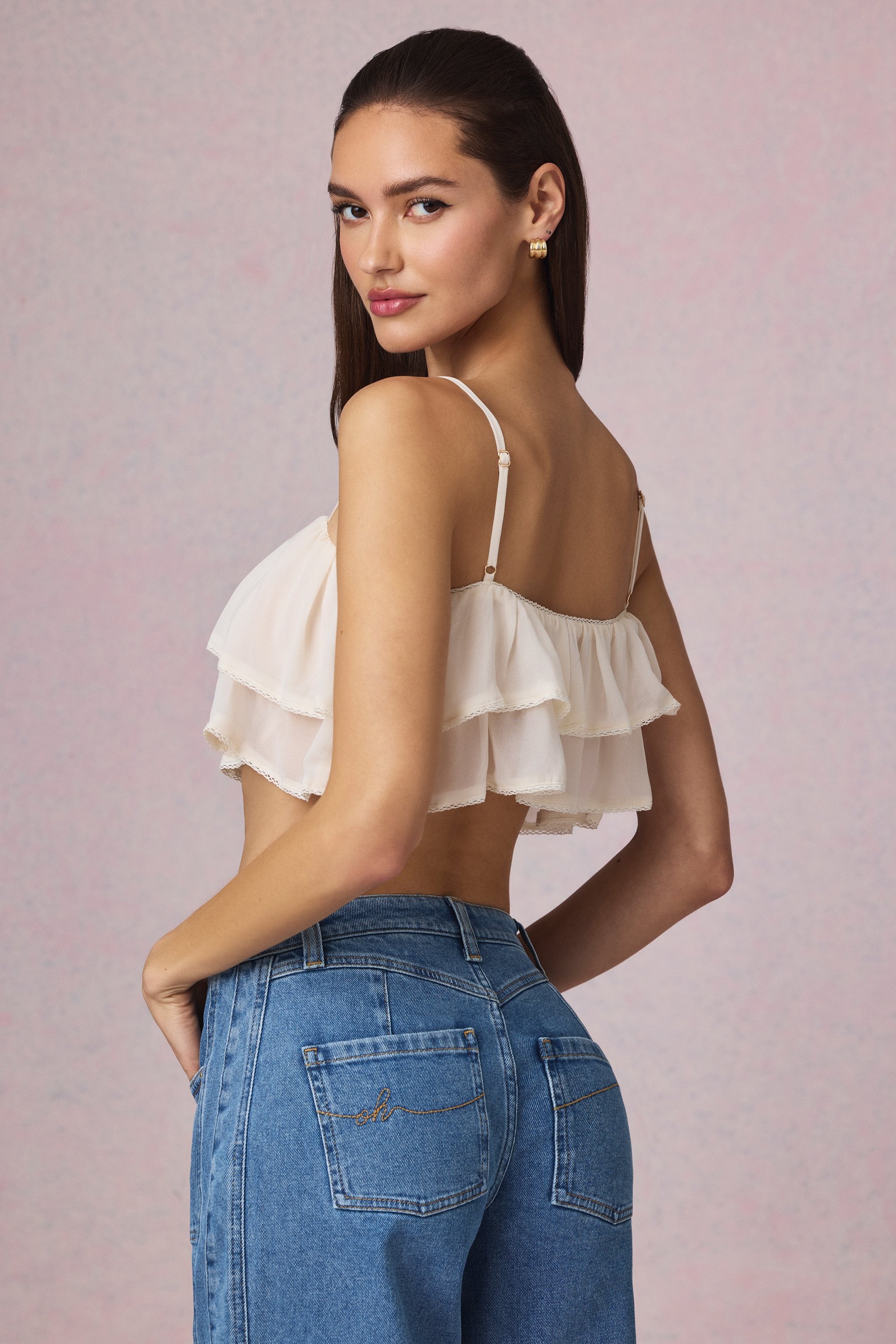 Lacie Ruffled Cropped Camisole Top in Ivory - Image 2