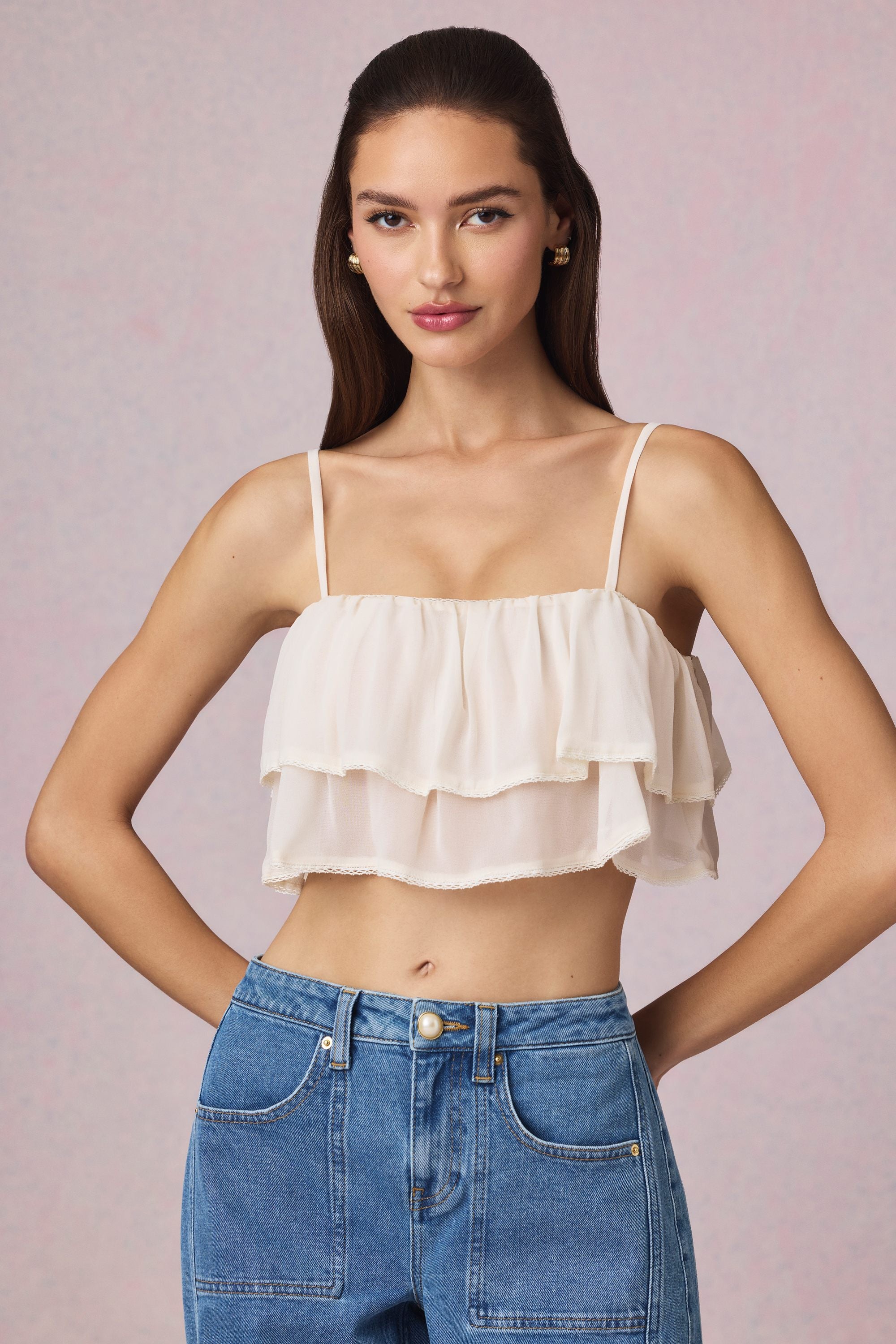 Lacie Ruffled Cropped Camisole Top in Ivory - Image 6