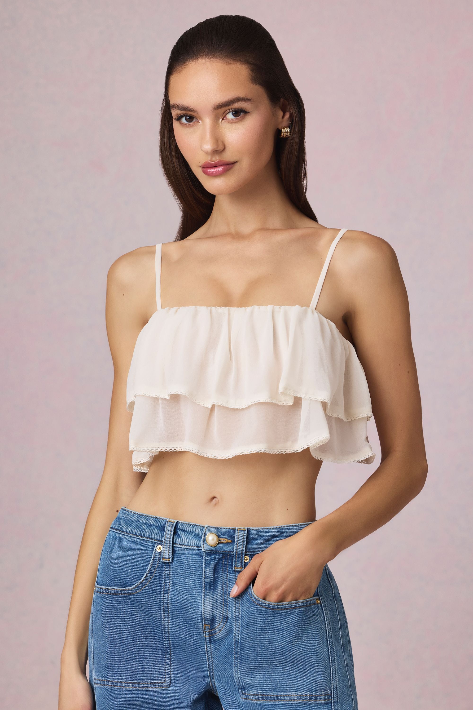 Lacie Ruffled Cropped Camisole Top in Ivory - Image 7