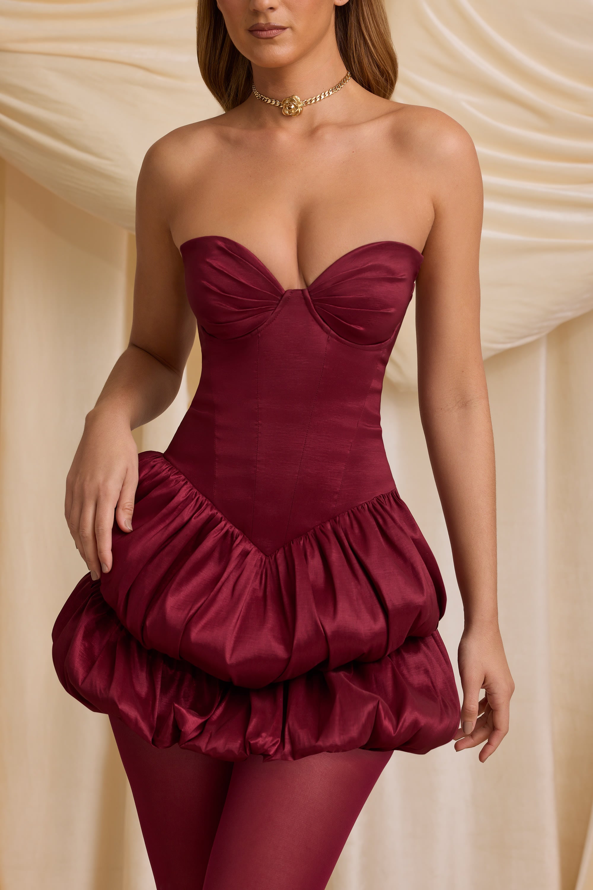 Laela Layered Bubble Hem Corset Mini Dress in Wine Red - Image 4