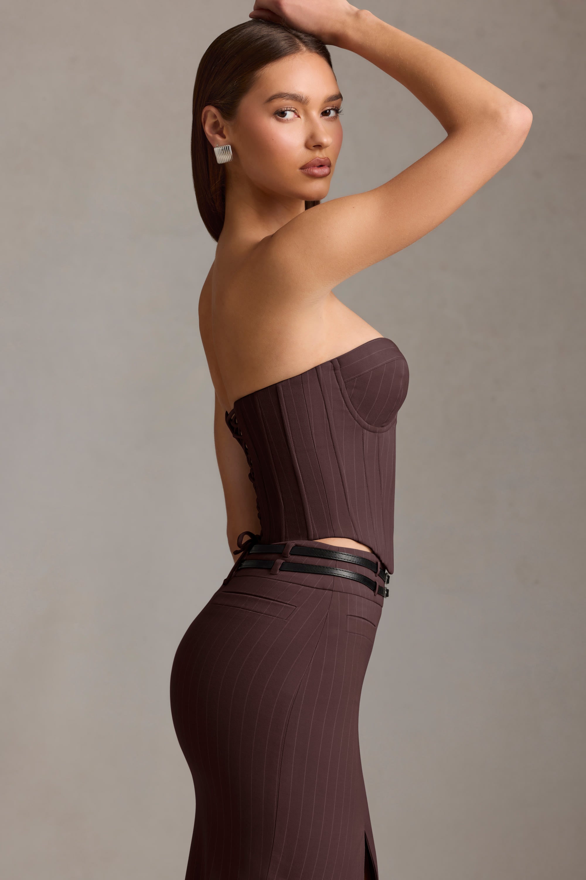 Lainey Pinstripe Lace-Up Corset Top in Chocolate Brown - Image 3