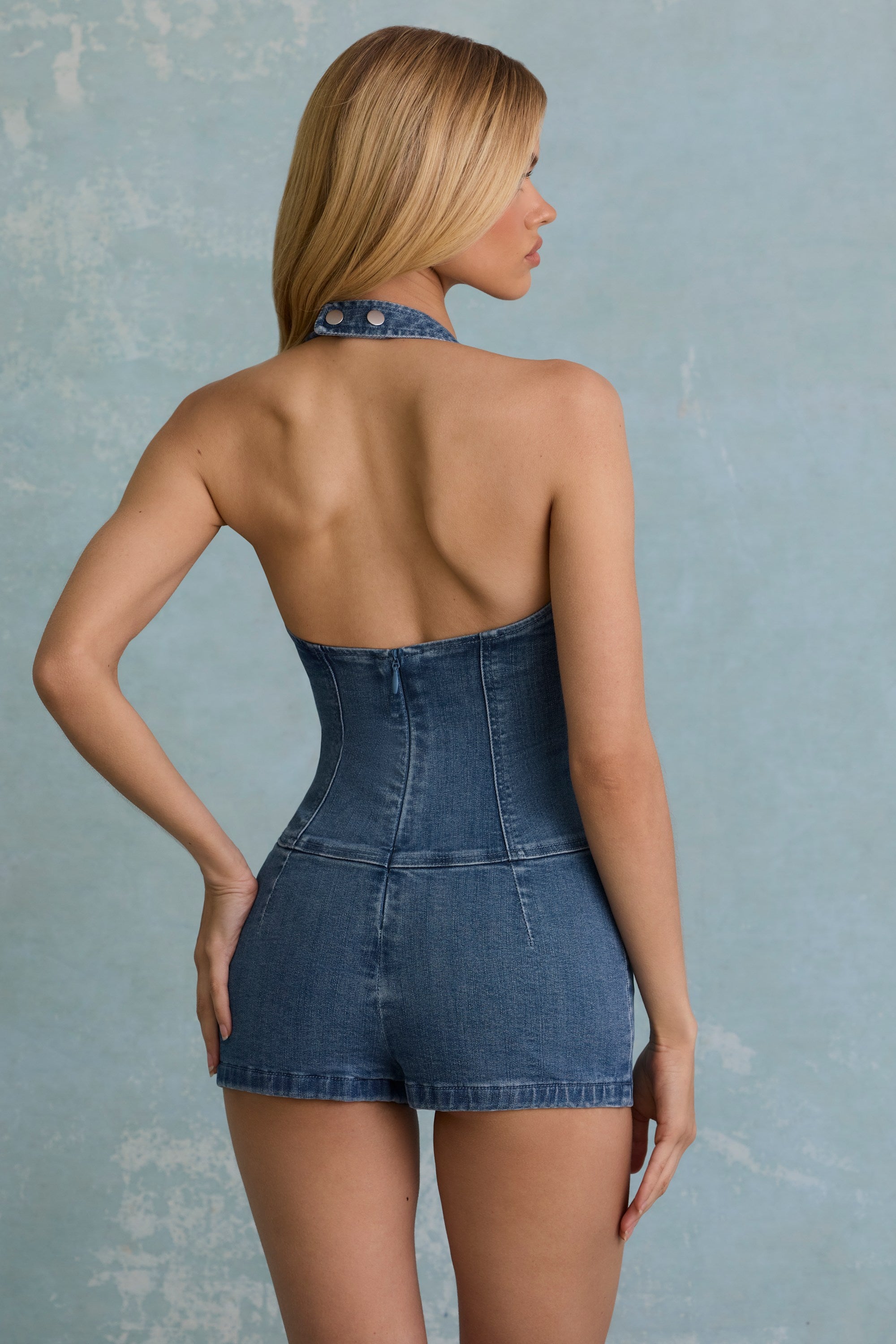 Lalita Button-Down Halterneck Playsuit in Mid-Blue - Image 7