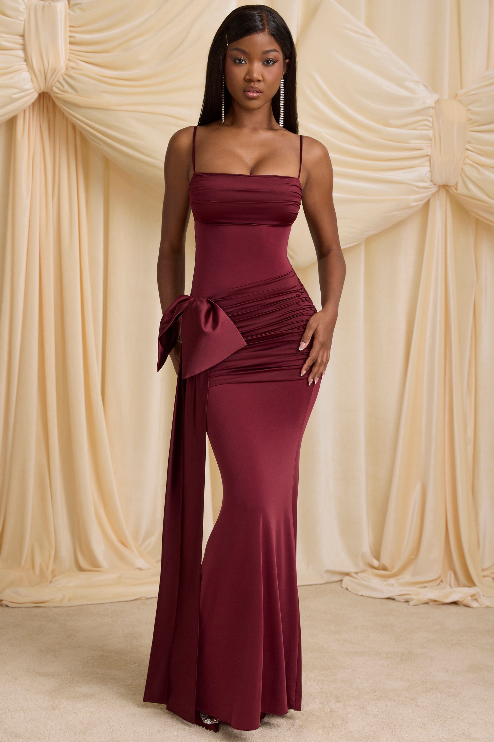 Laurelina Bow-Detail Ruched Maxi Dress in Wine Red