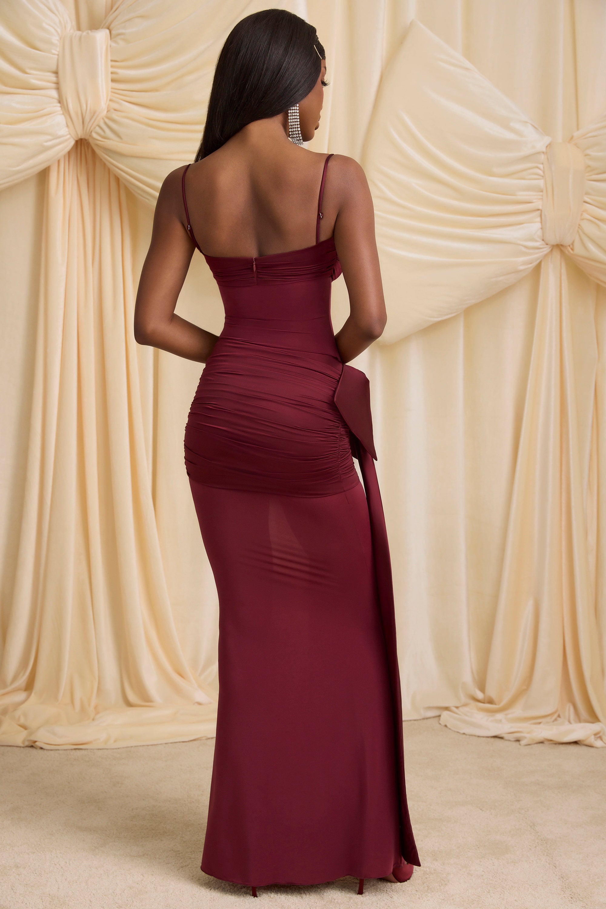 Laurelina Bow-Detail Ruched Maxi Dress in Wine Red - Image 2