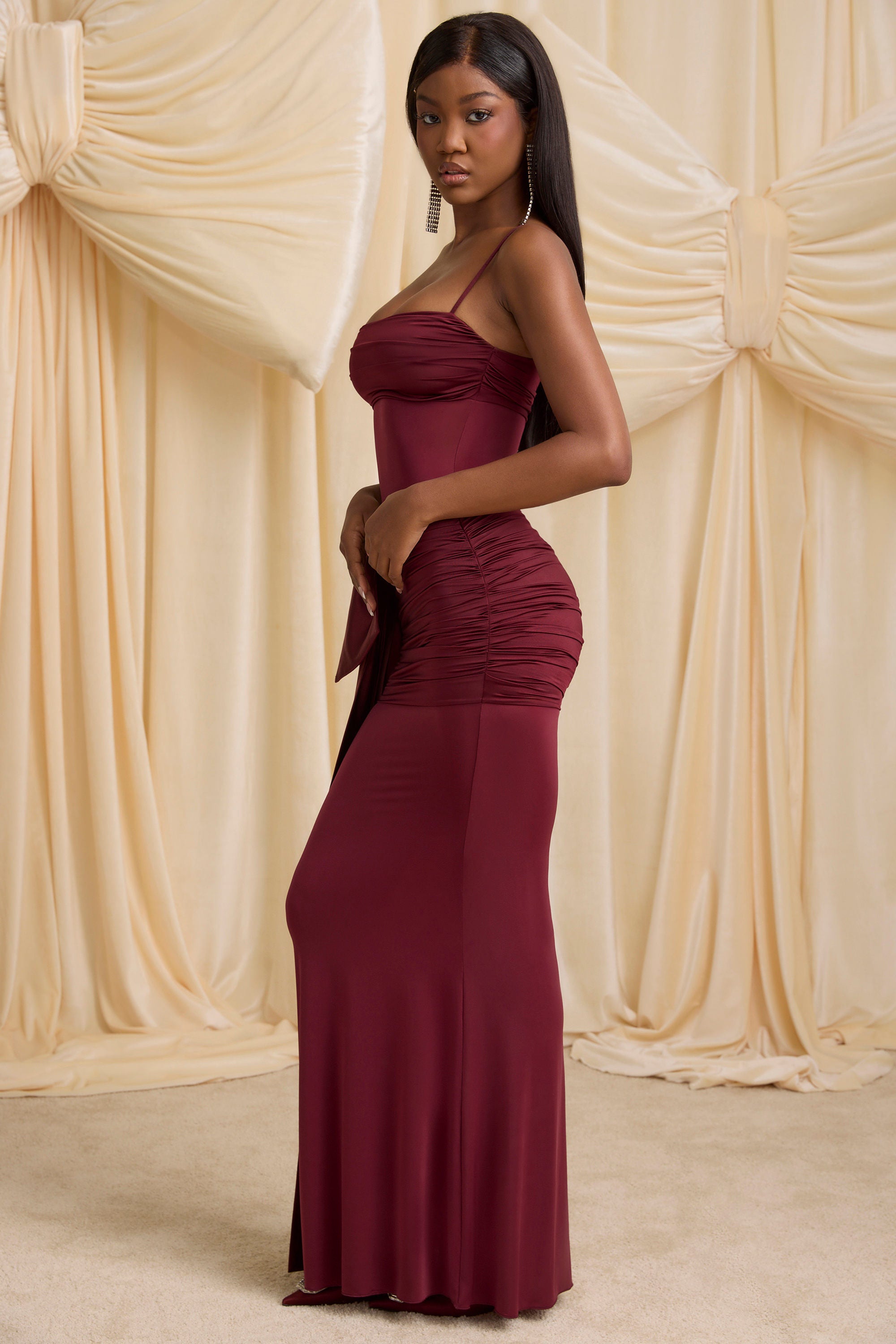 Laurelina Bow-Detail Ruched Maxi Dress in Wine Red - Image 3