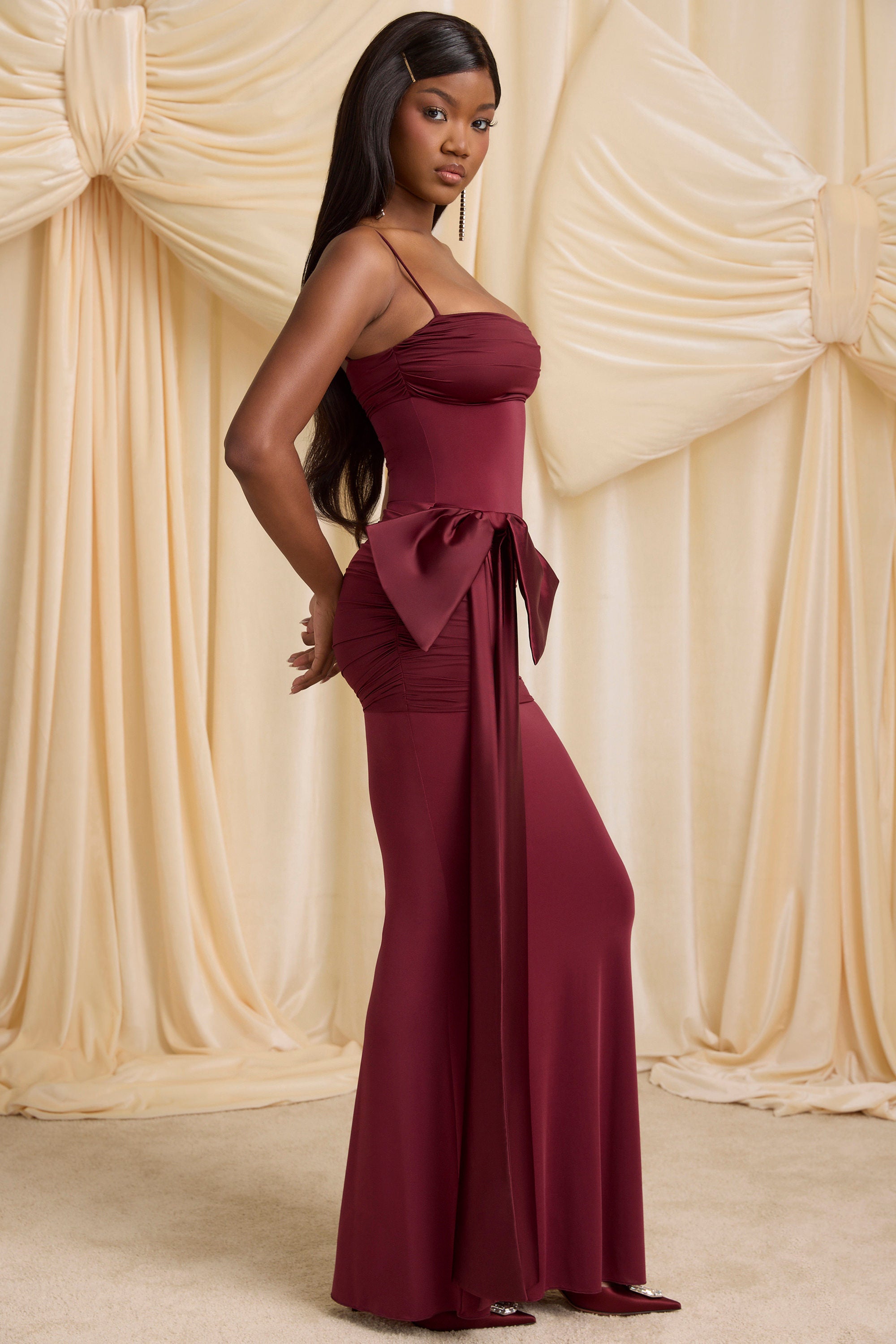 Laurelina Bow-Detail Ruched Maxi Dress in Wine Red - Image 5
