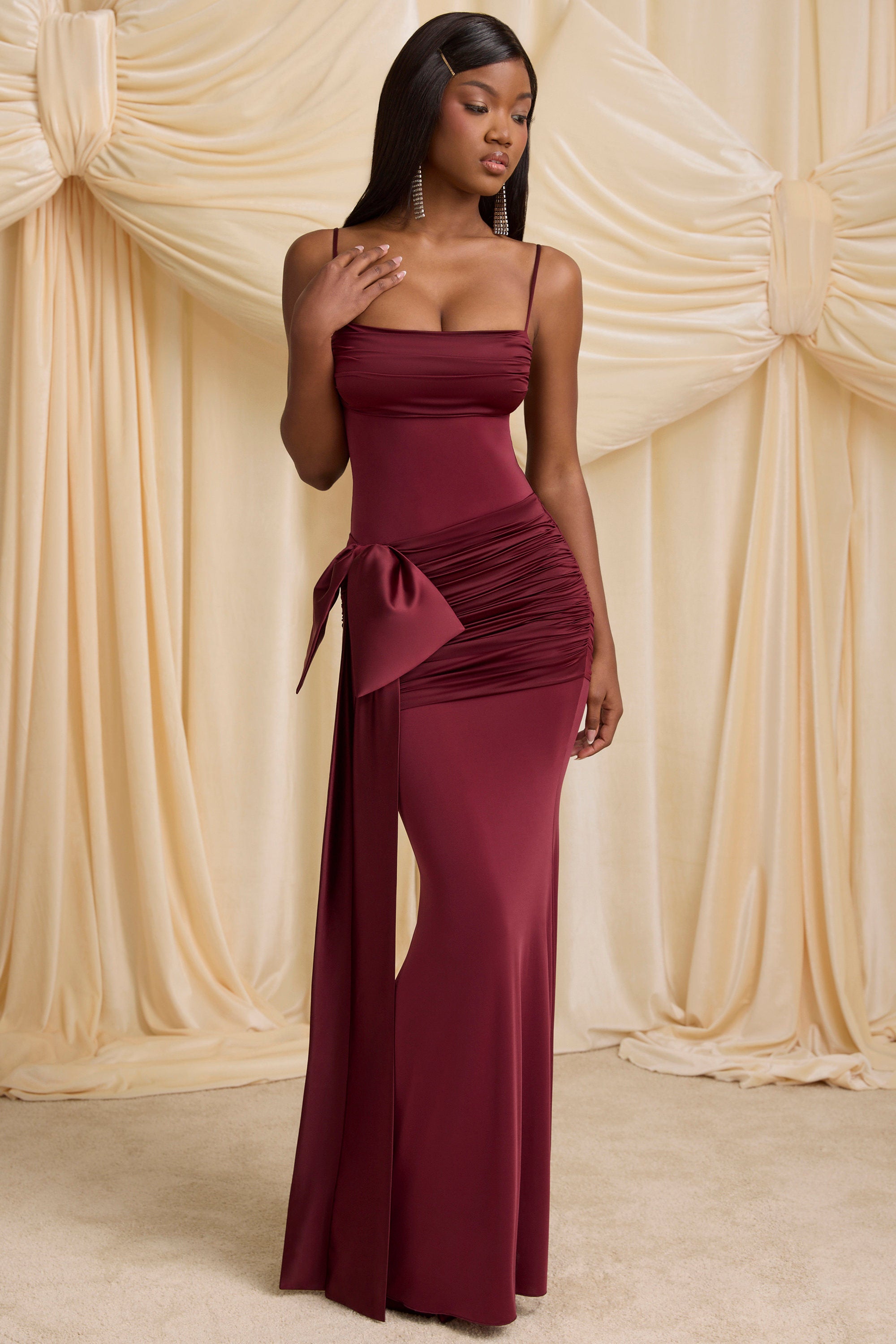 Laurelina Bow-Detail Ruched Maxi Dress in Wine Red - Image 6