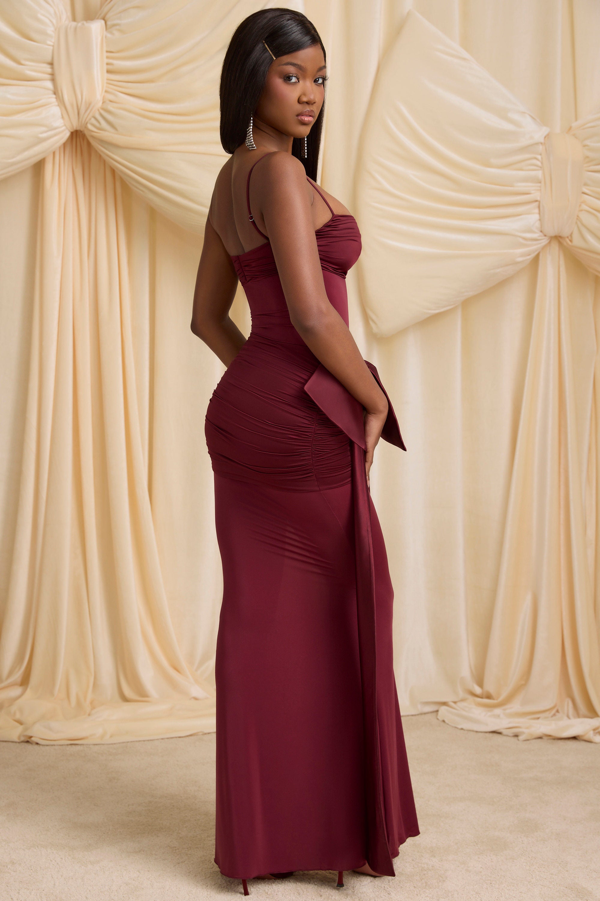 Laurelina Bow-Detail Ruched Maxi Dress in Wine Red - Image 7