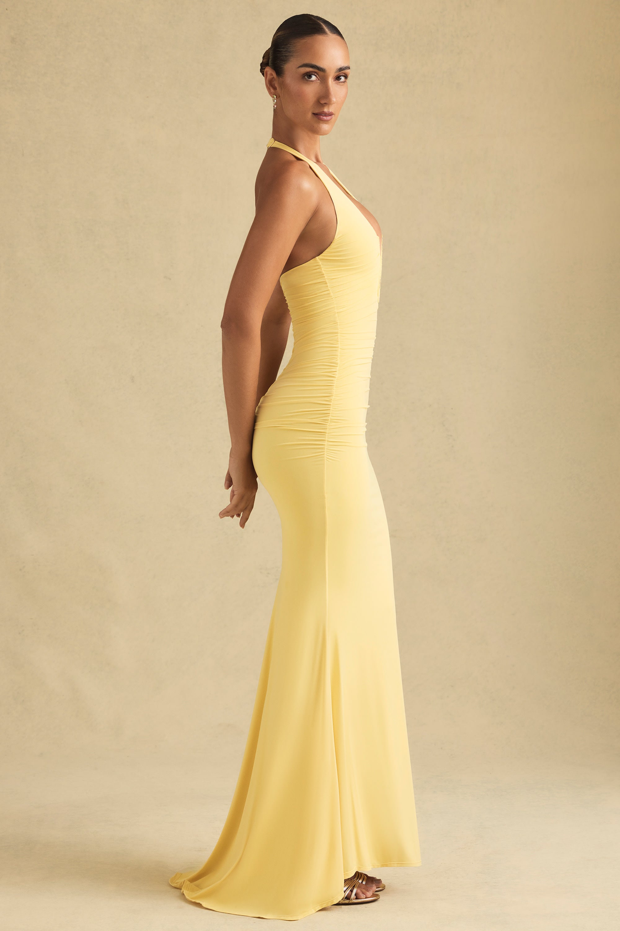 Laverna Ruched Backless Halterneck Gown in Pastel Yellow - Image 3
